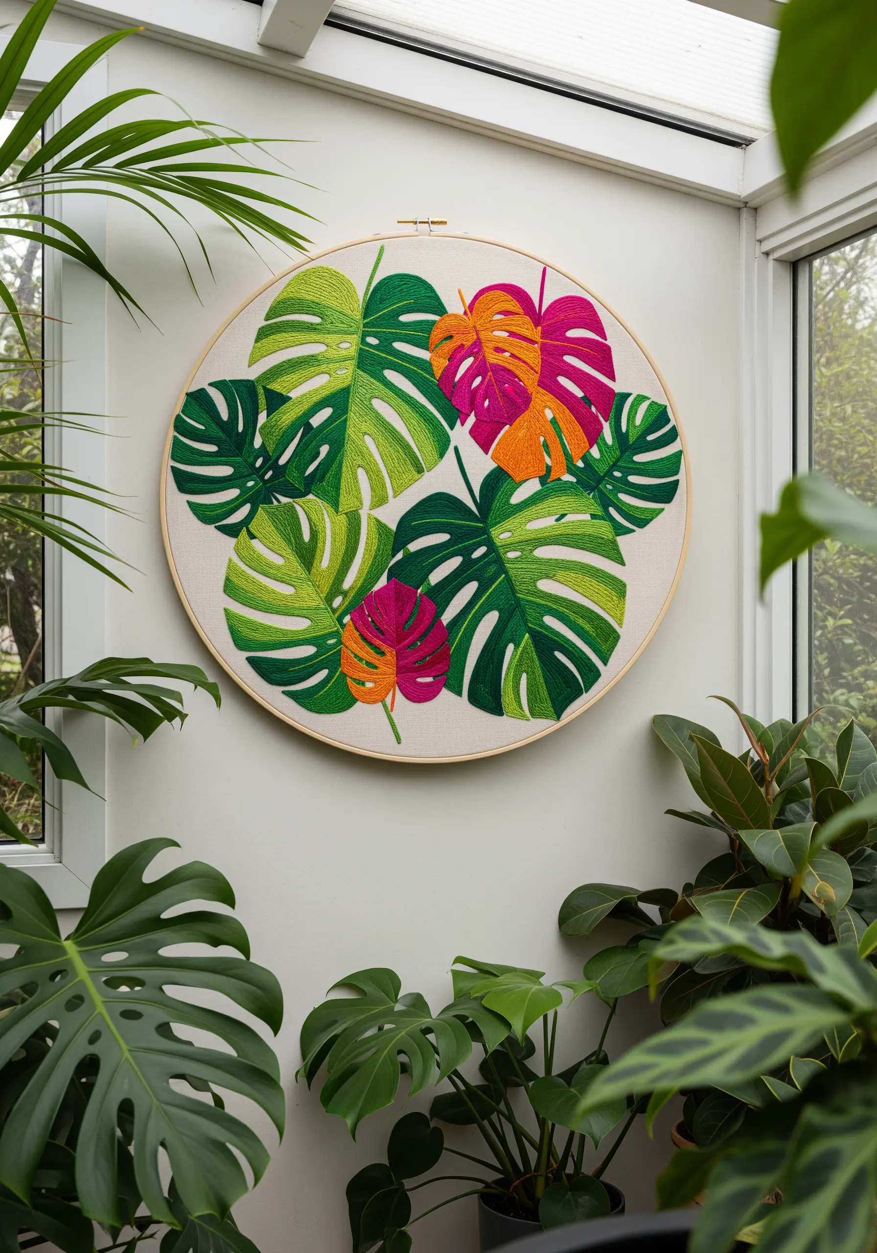 A large embroidery hoop filled with layered and overlapping Monstera leaves.