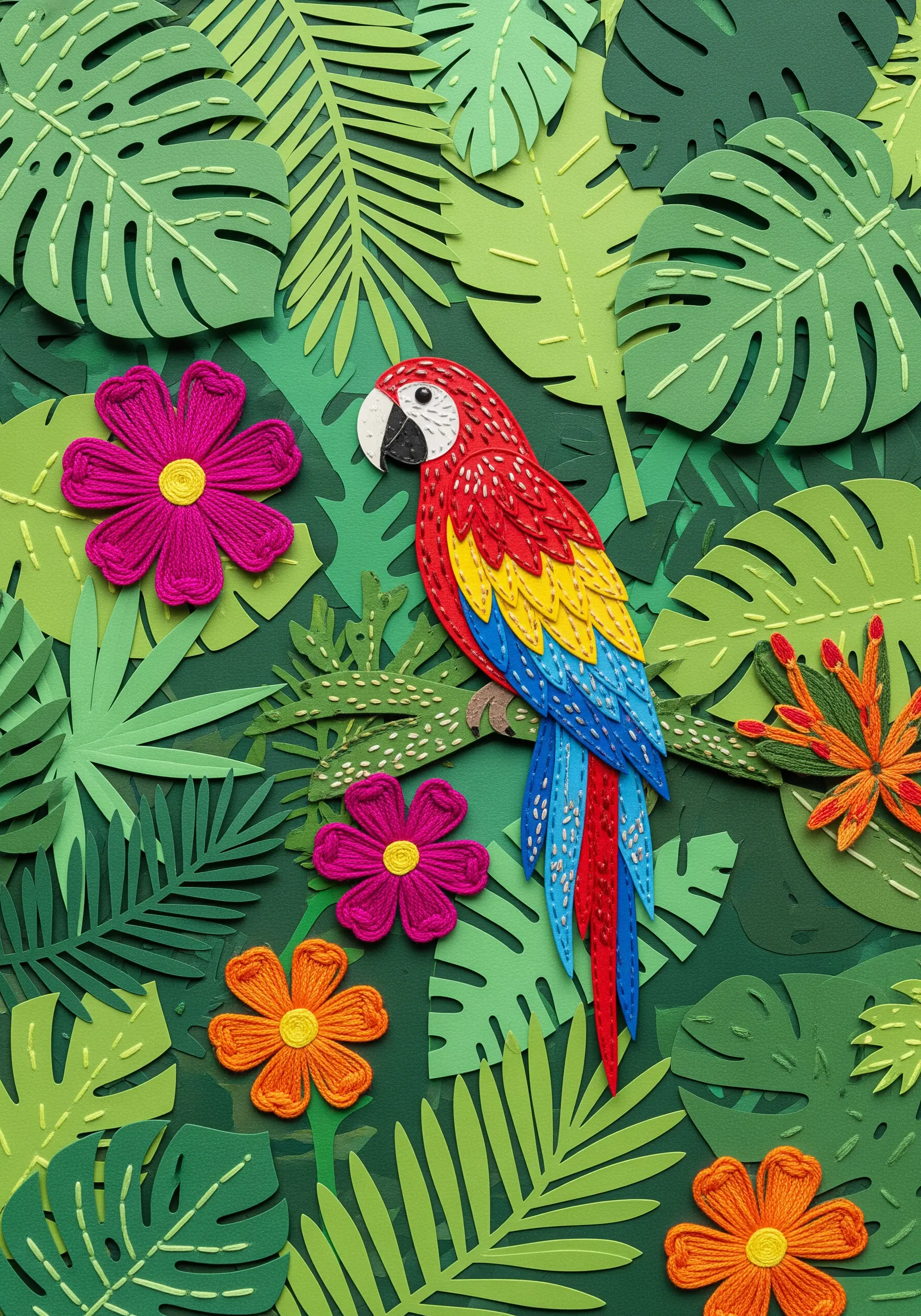 A dense jungle collage of paper leaves with a colorful parrot and flowers made from woven stitches.