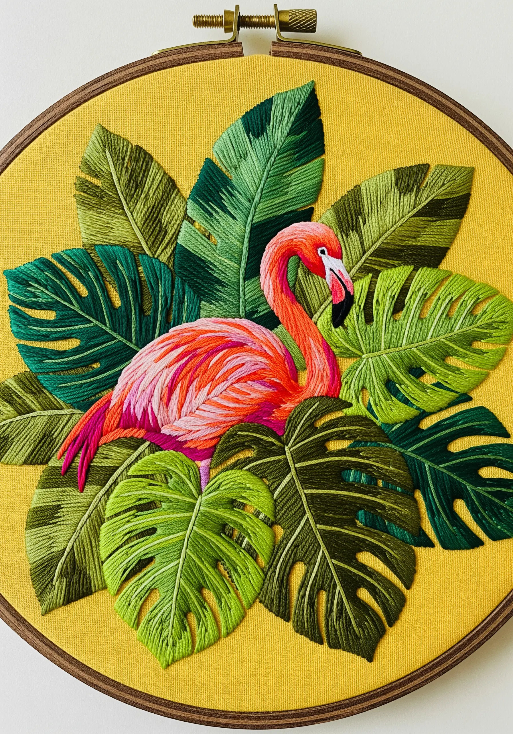 A pink flamingo embroidered on yellow fabric, surrounded by dense, layered tropical leaves.