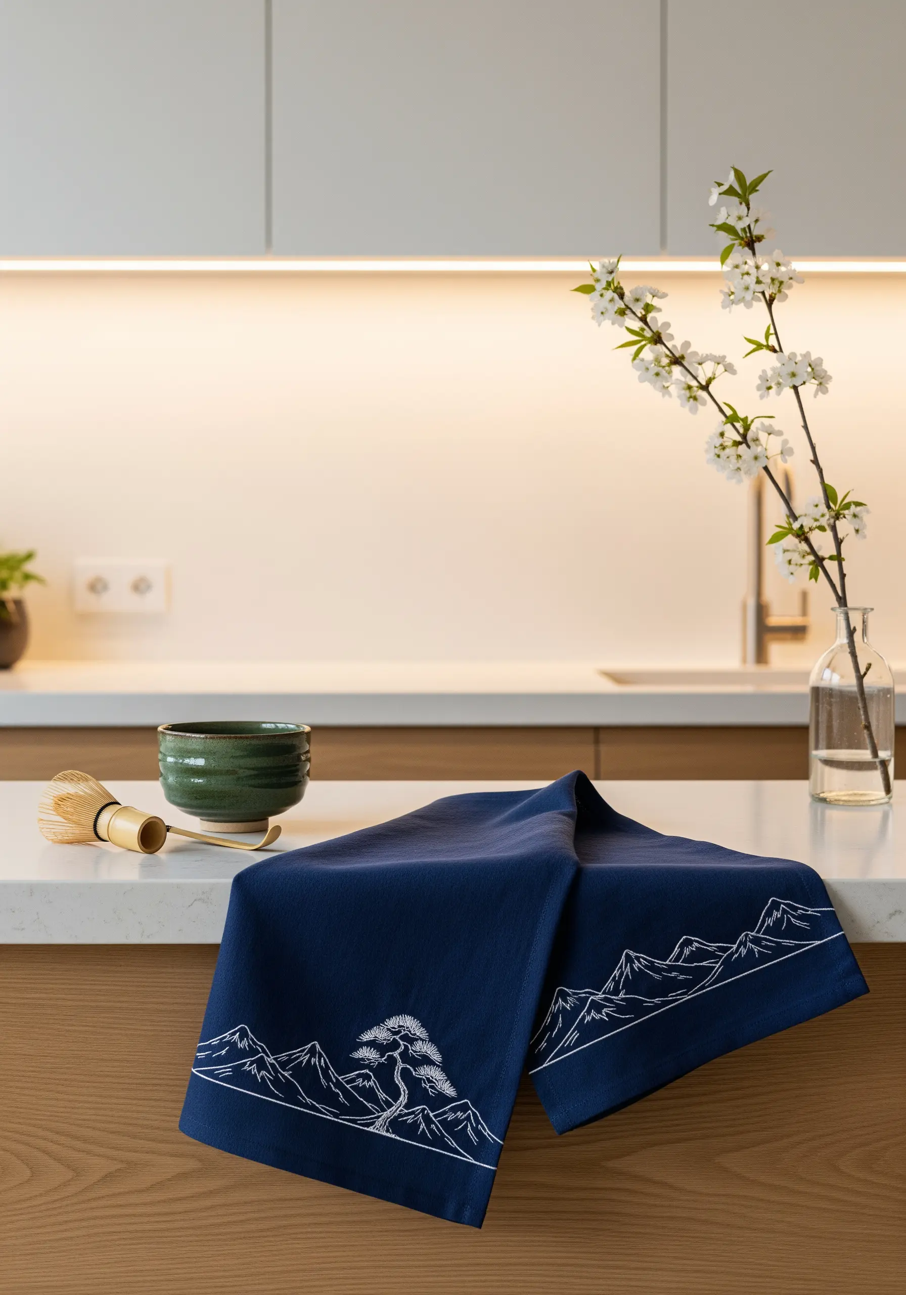 A white line art embroidery of mountains and a single tree on a navy blue cloth.
