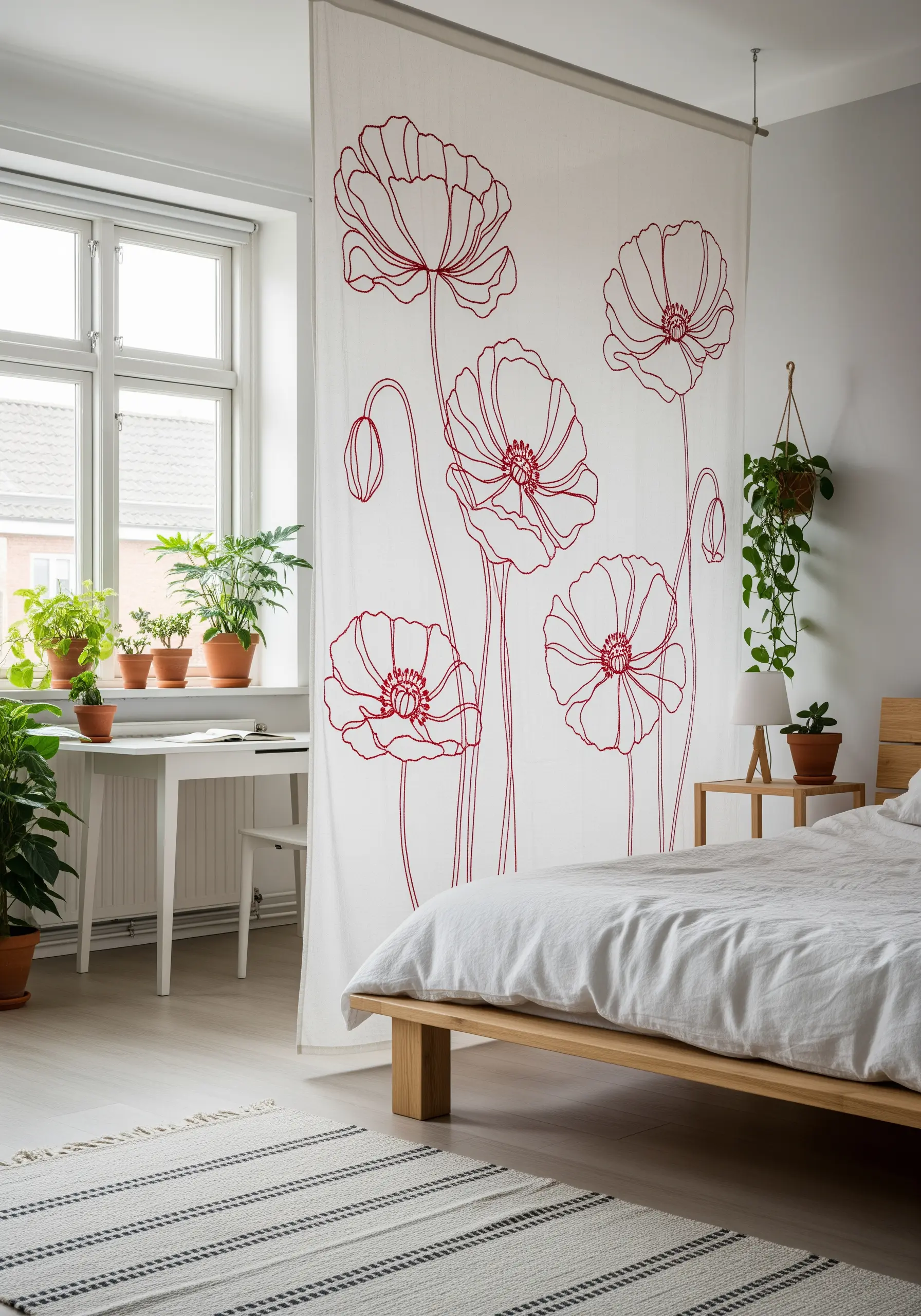 A white fabric room divider screen embroidered with large, red line-art poppies.
