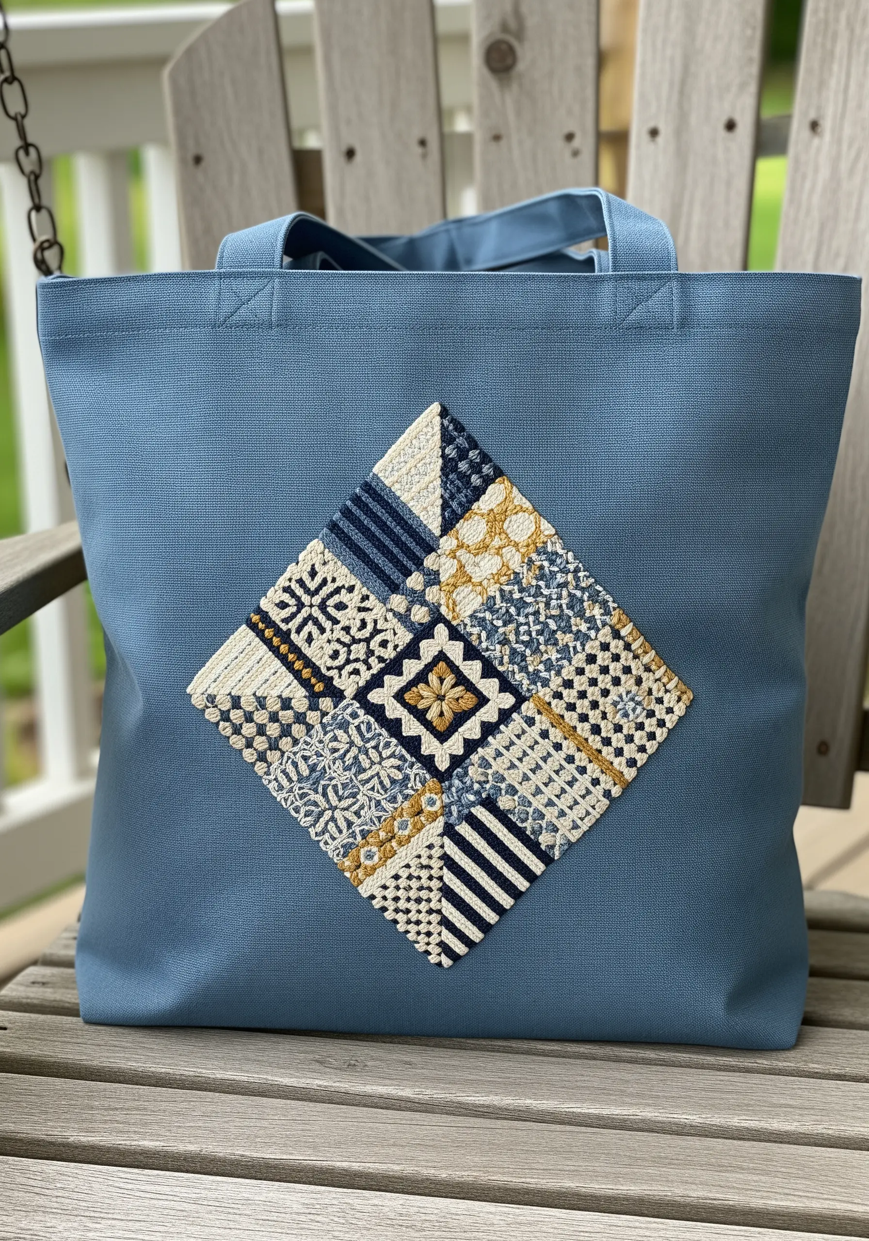 A diamond-shaped patchwork of various geometric fill patterns on a blue canvas tote.