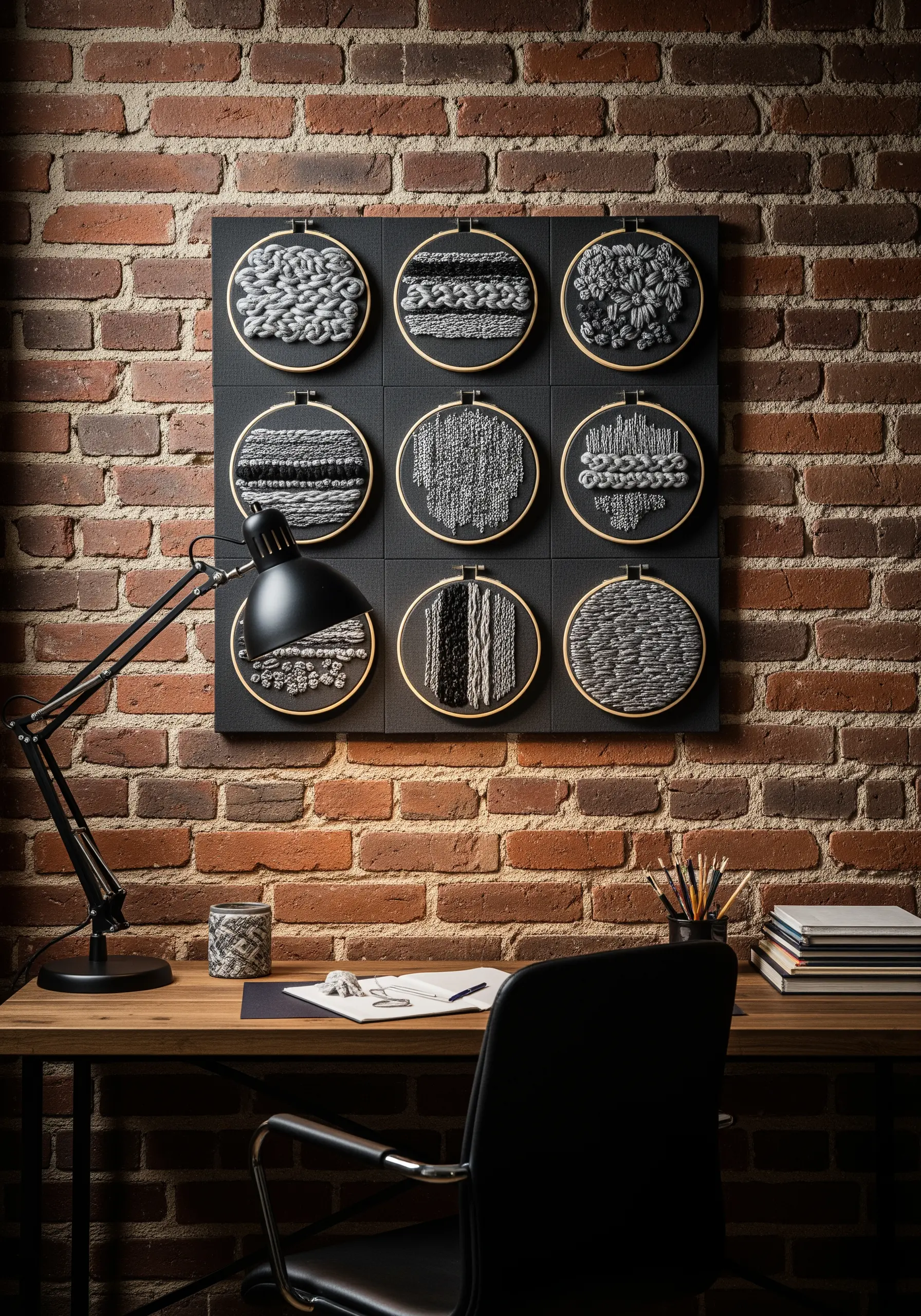 A grid of nine embroidery hoops showcasing different monochrome textural stitches.