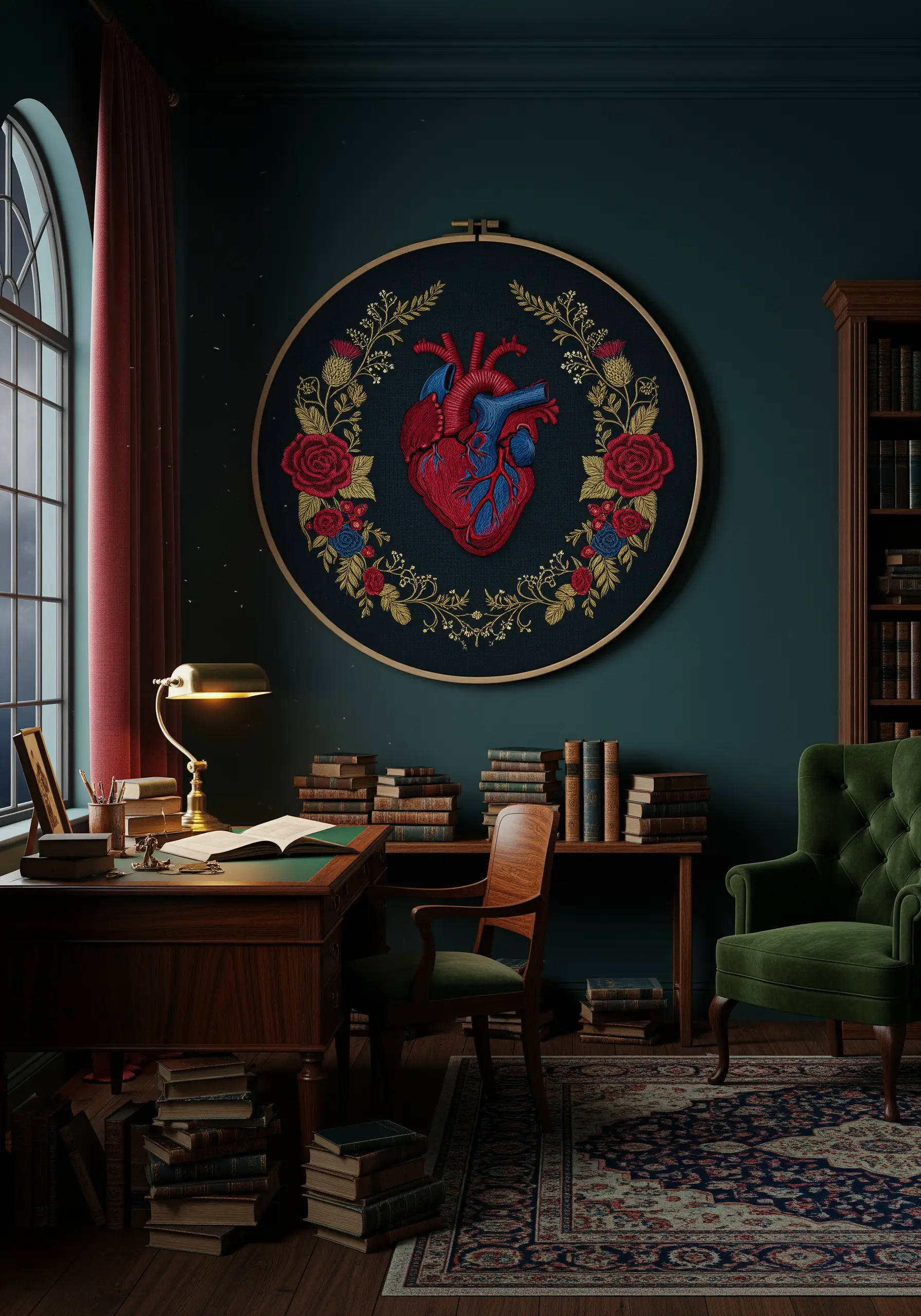 An anatomical heart surrounded by a wreath of gothic-style roses and thistles.