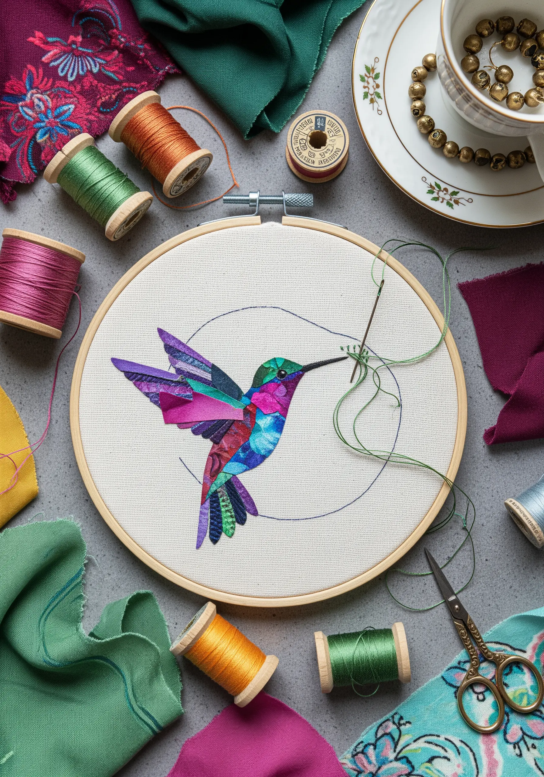 A hummingbird made from a collage of tiny, colorful fabric scraps.