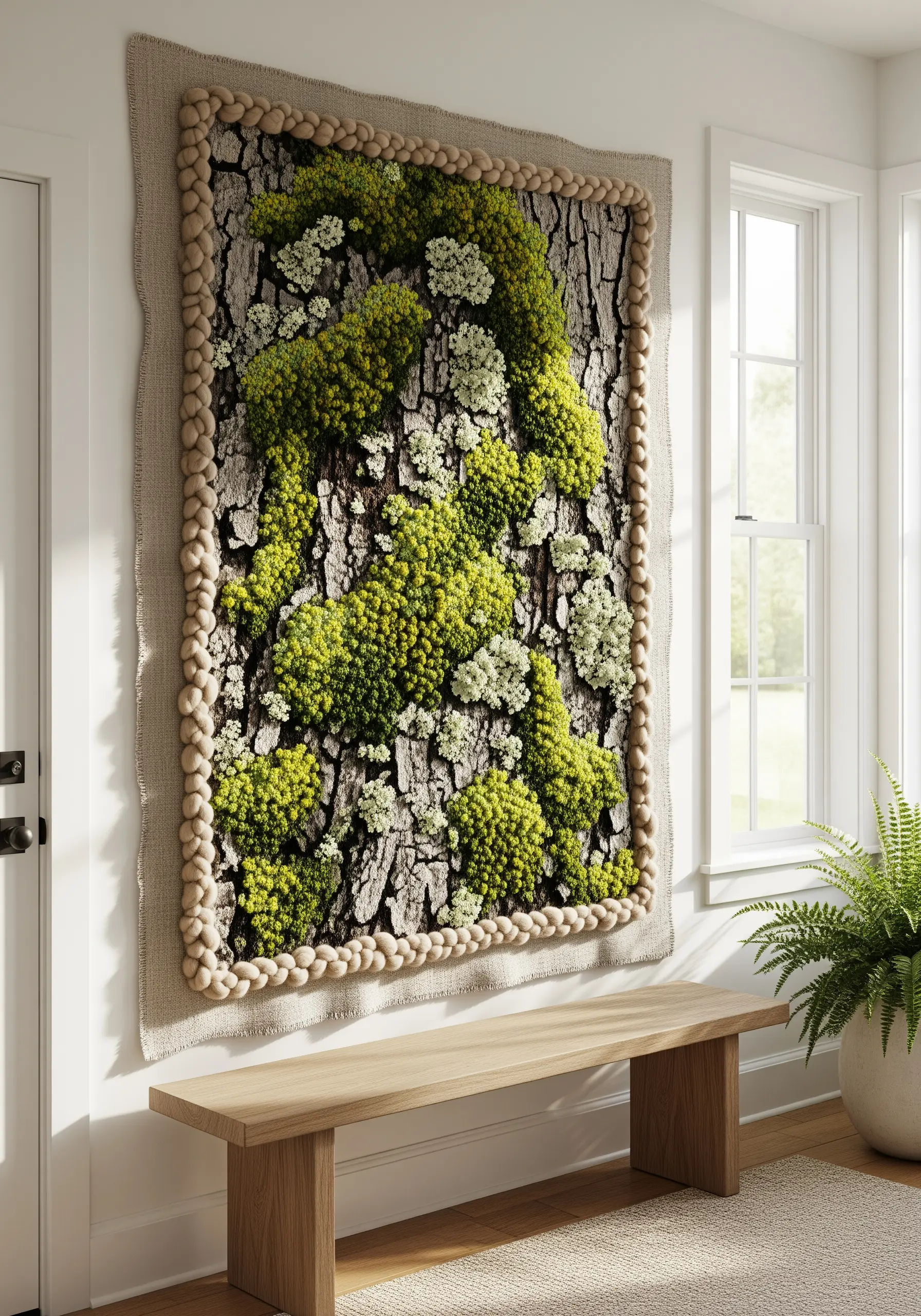 Large-scale textile wall art with embroidered moss texture on a bark-like surface.