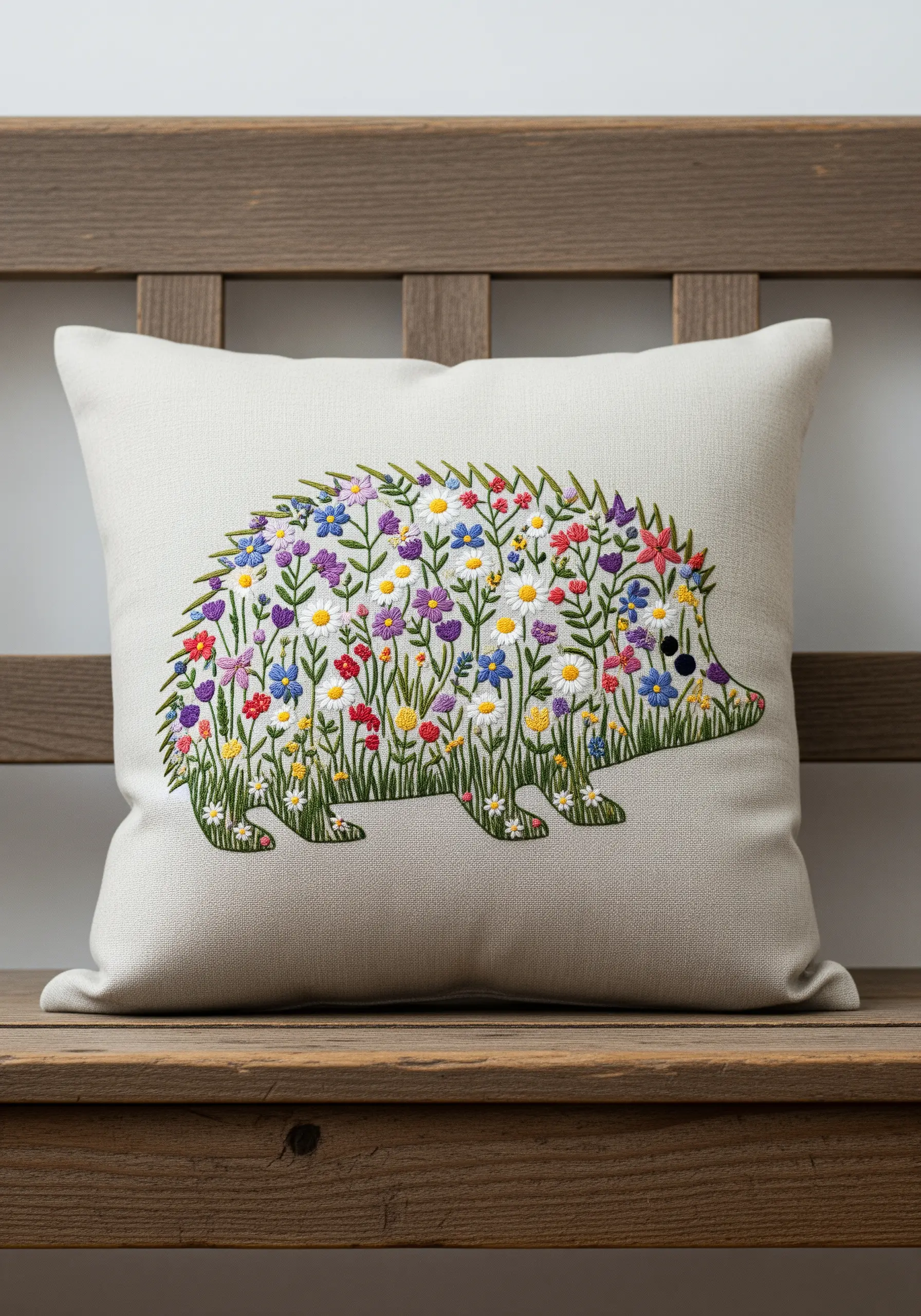A hedgehog silhouette filled entirely with a colorful meadow of tiny embroidered flowers.