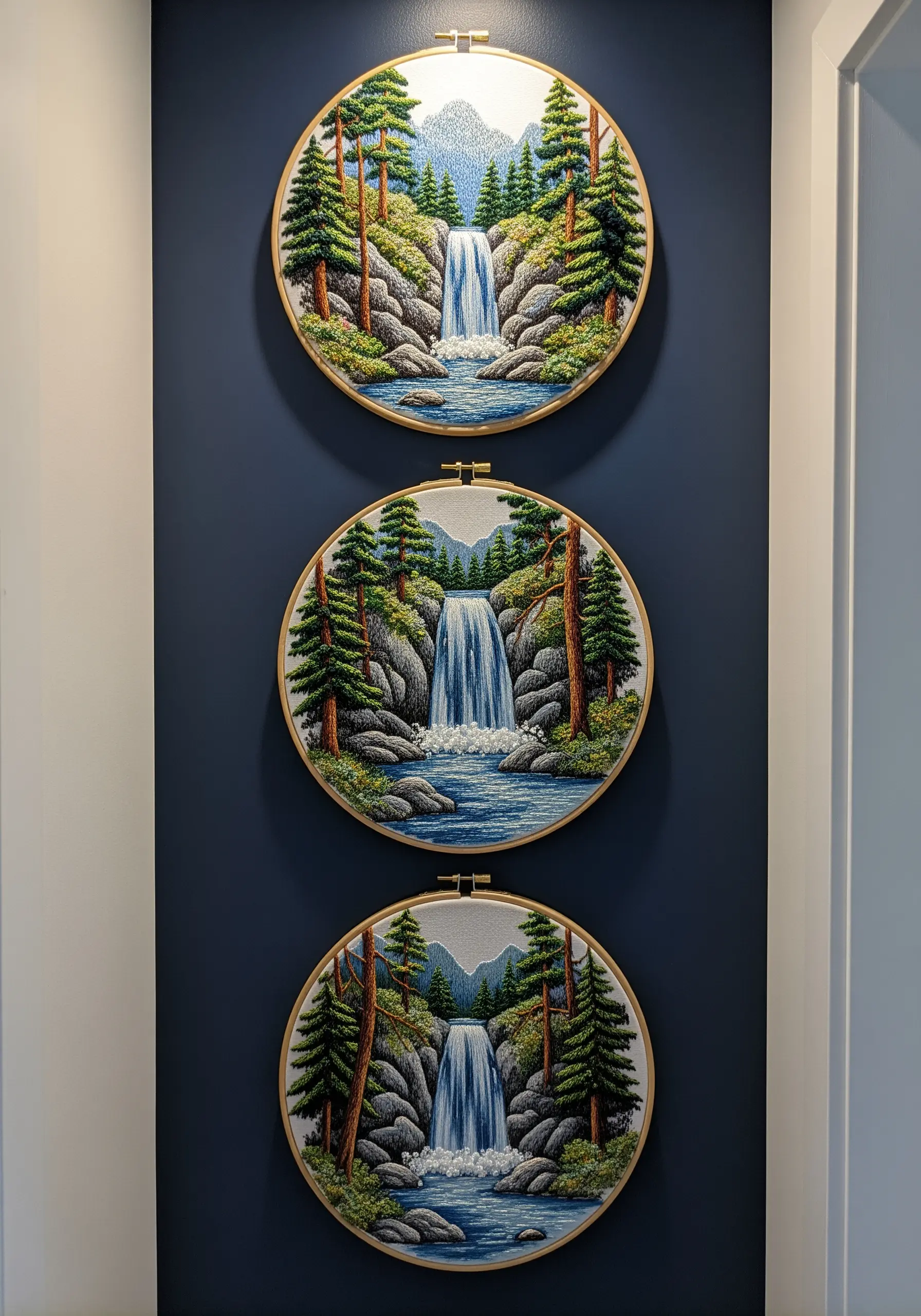 Three vertical embroidery hoops showing a continuous waterfall