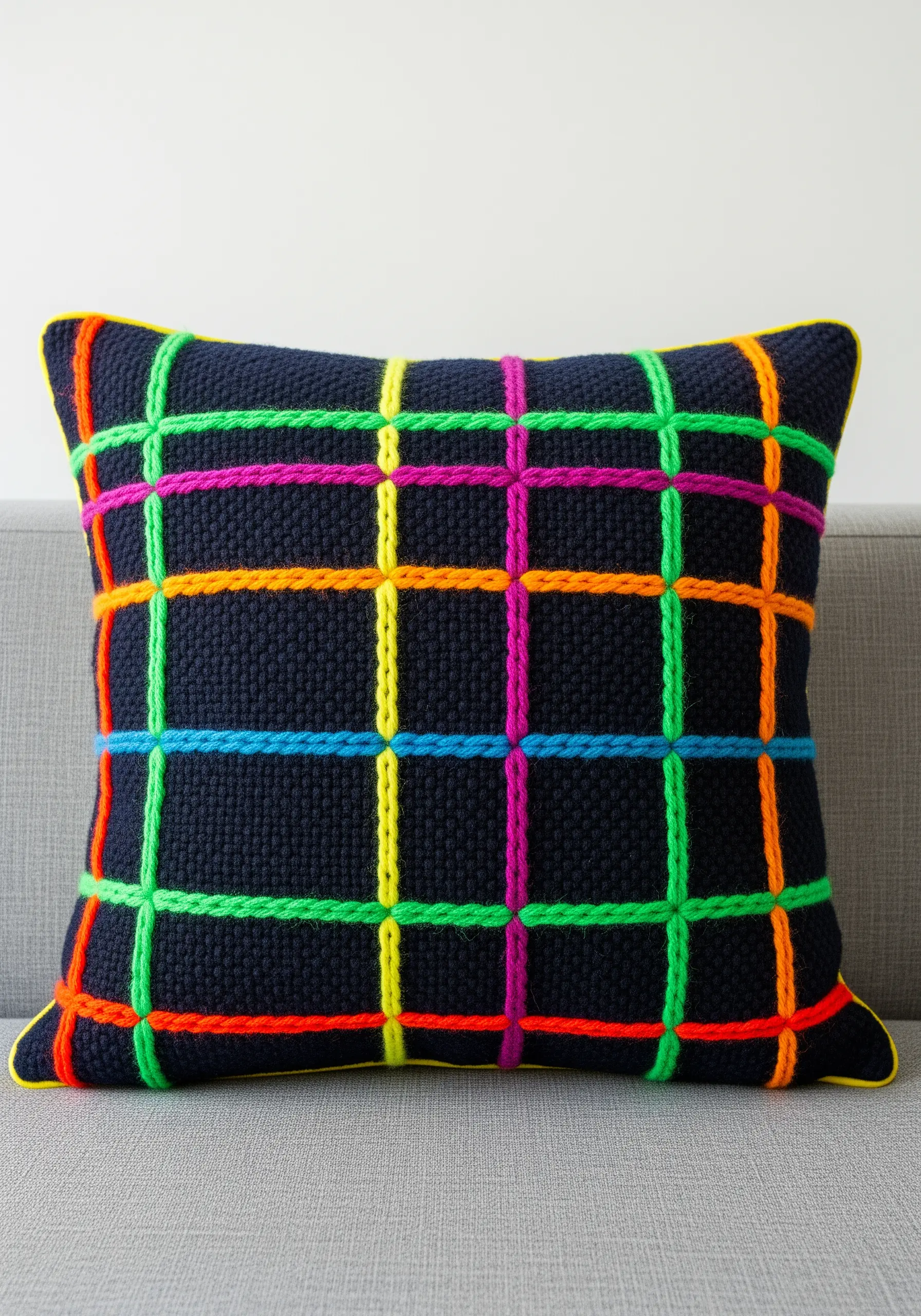 Neon grid pattern in raised chain stitch on a dark navy blue pillow.
