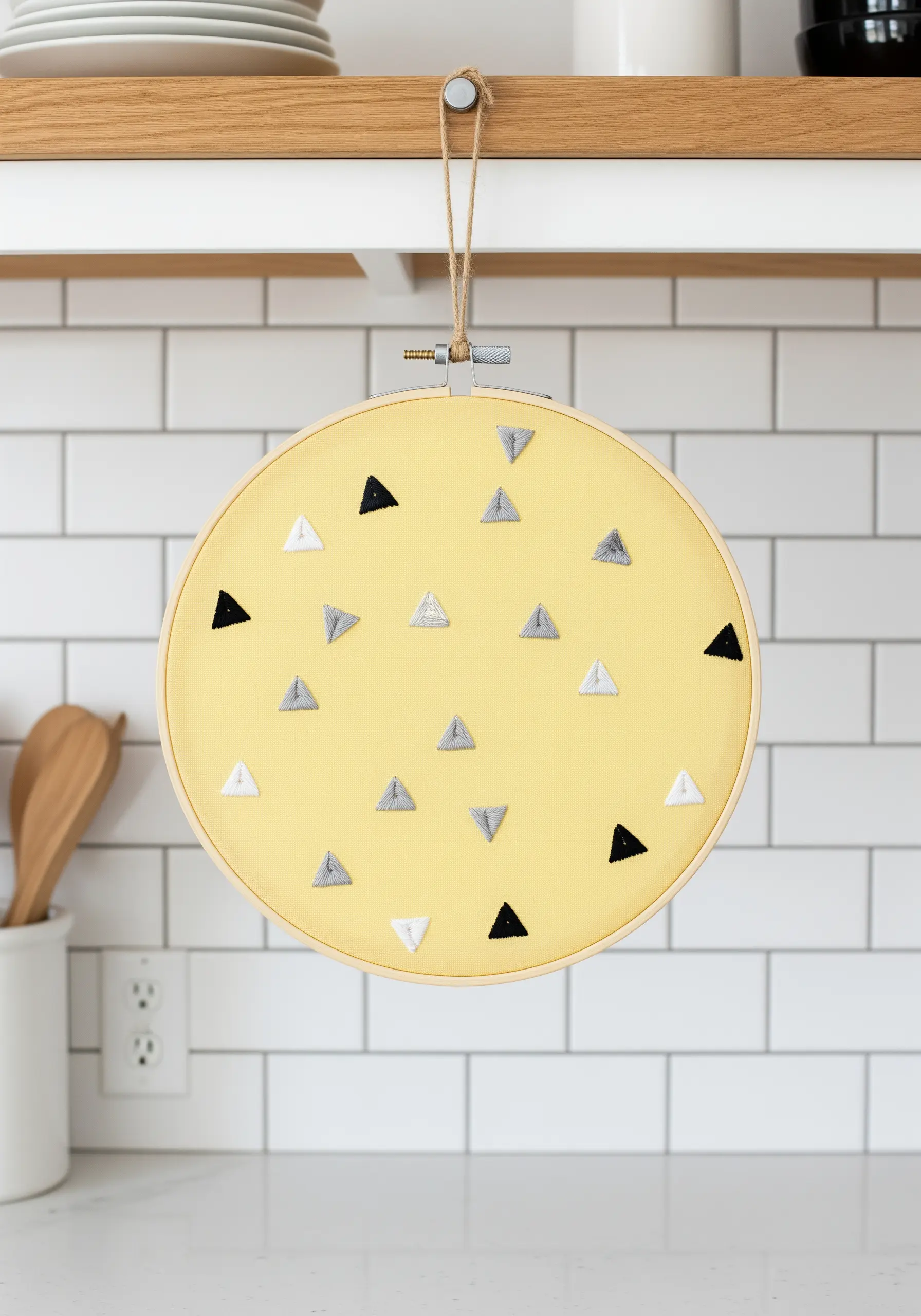 Small satin-stitched triangles in black, white, and gray scattered on yellow fabric.