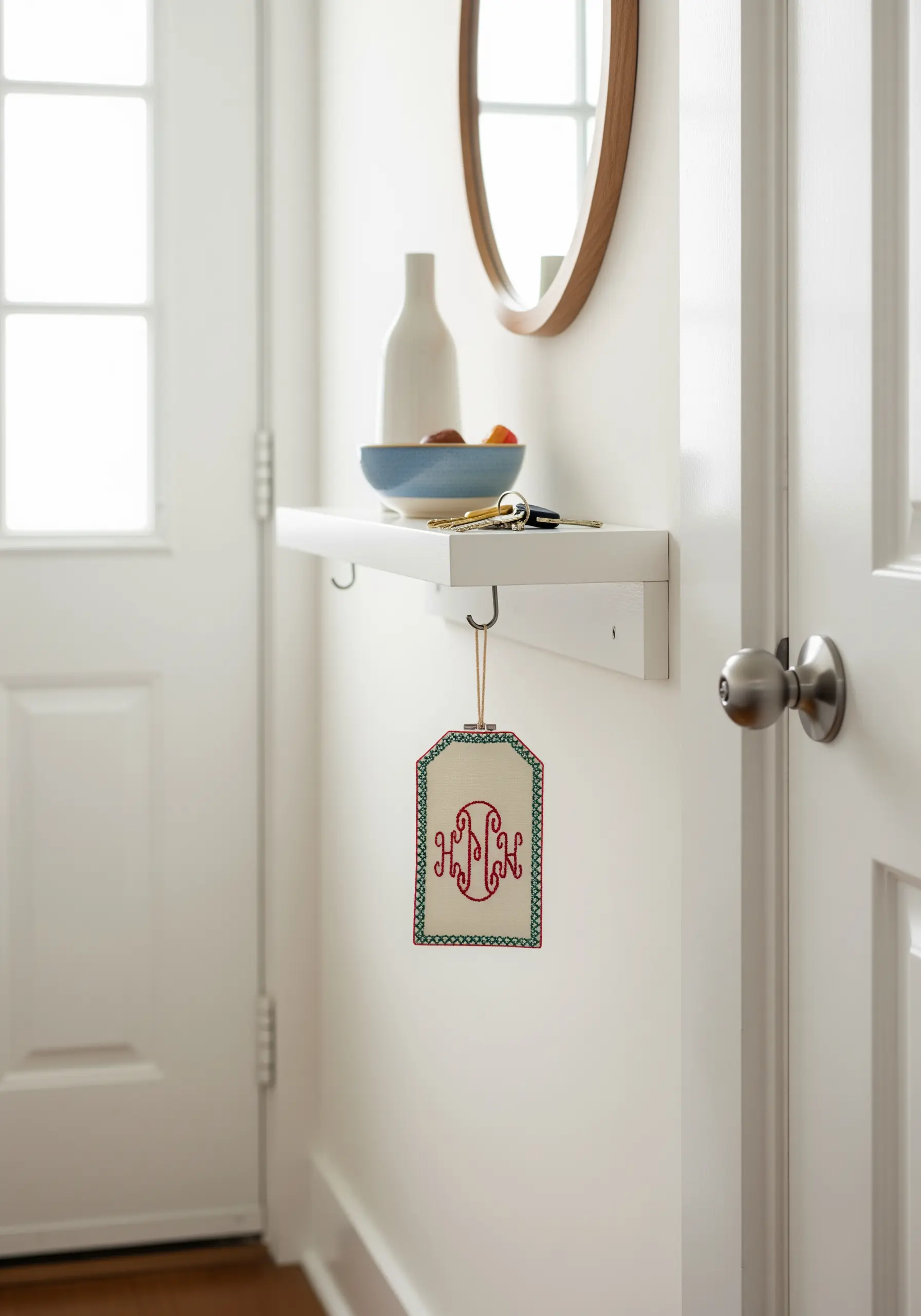 A hanging rectangular tag with a red embroidered monogram and a decorative border.