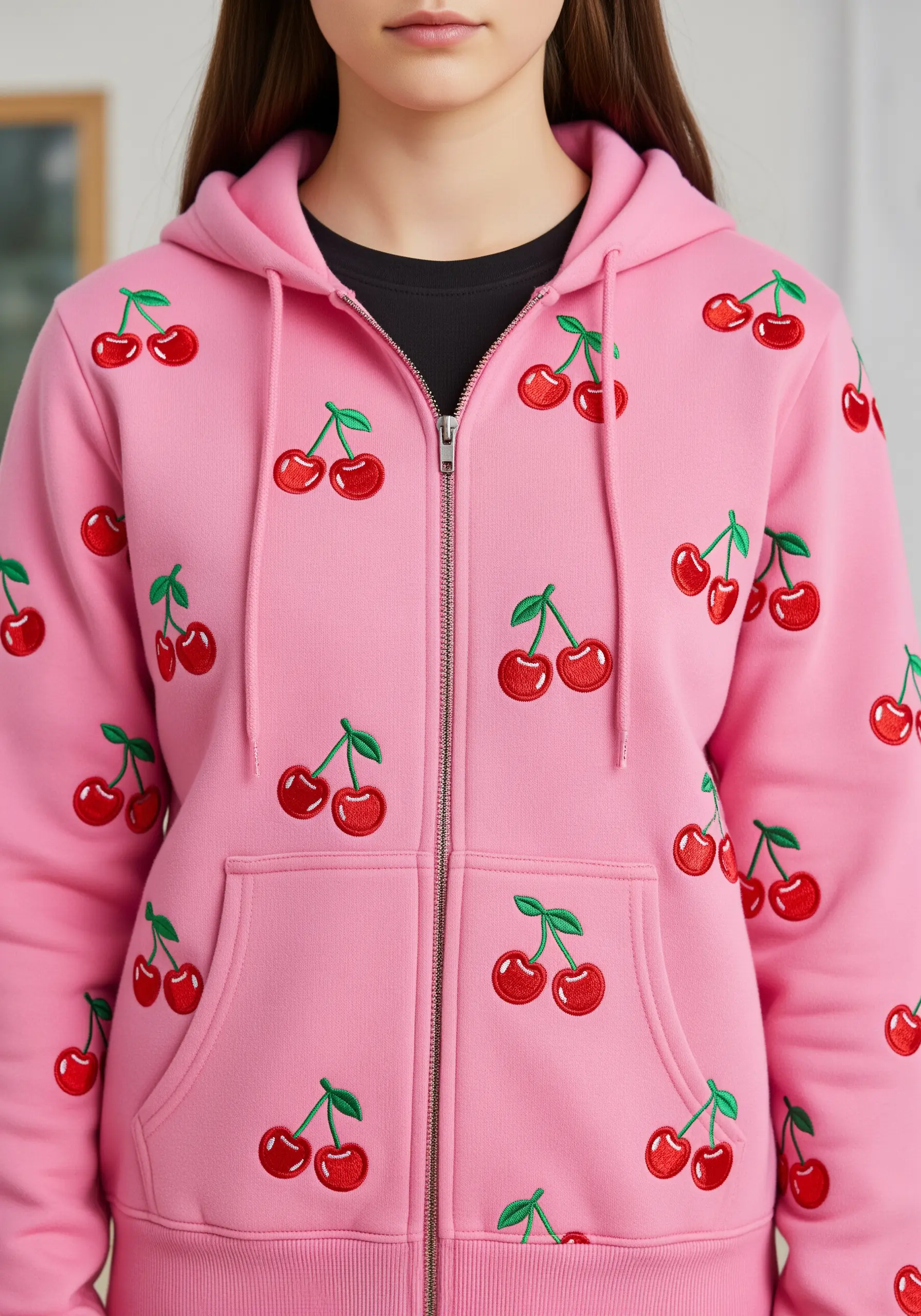 A repeating pattern of small embroidered cherries on a pink zip-up hoodie.