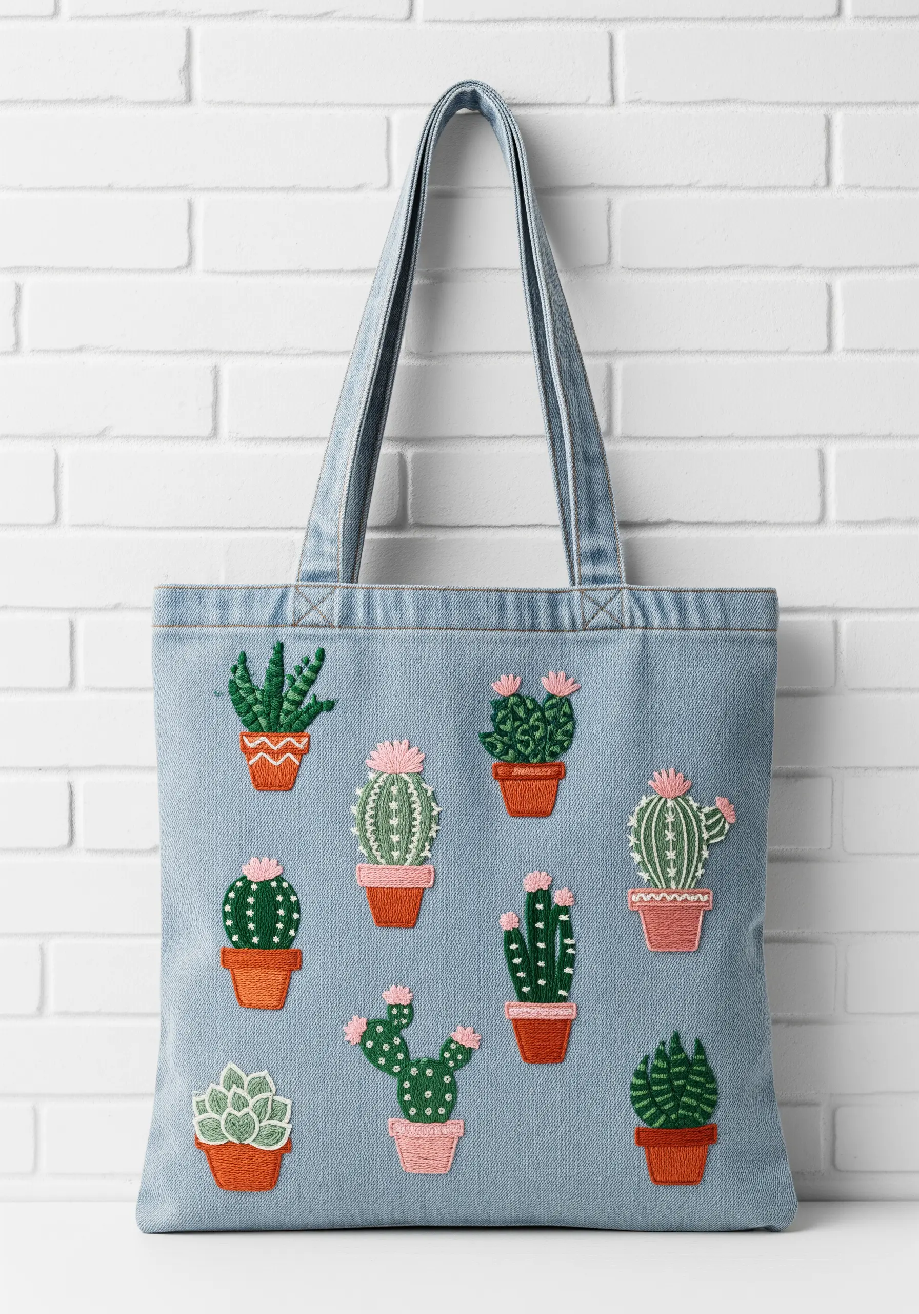 A collection of small, cute embroidered cacti in terracotta pots on a denim tote bag.