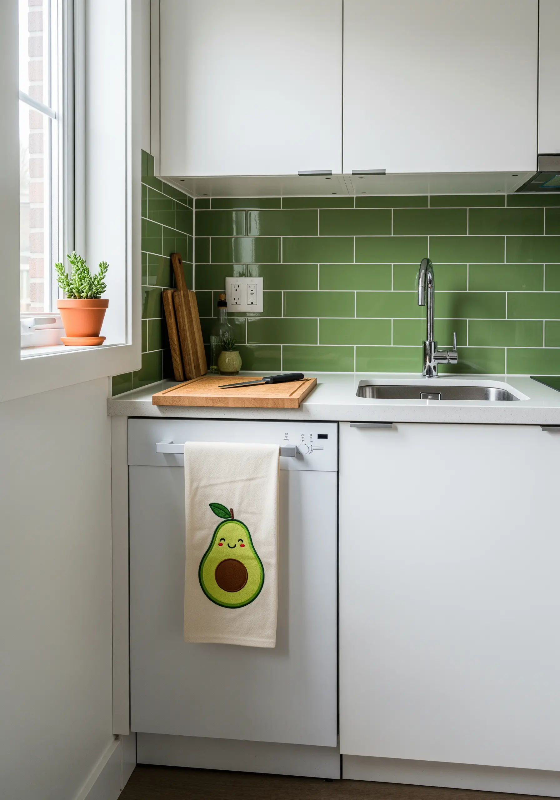A cute, cartoon-style embroidered avocado with a smiley face on a cream towel.