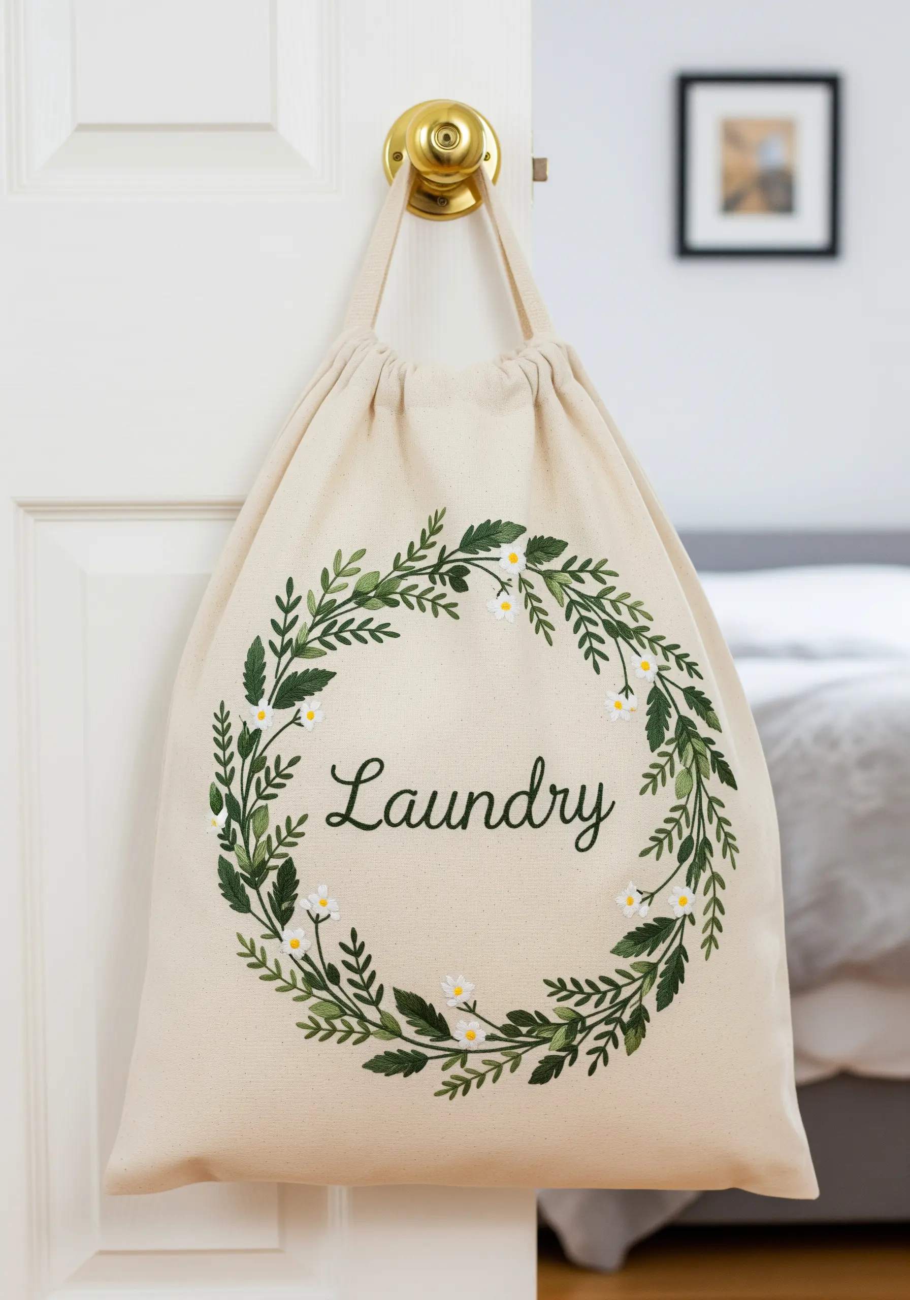 A canvas laundry bag with an embroidered green botanical wreath and 'Laundry' script