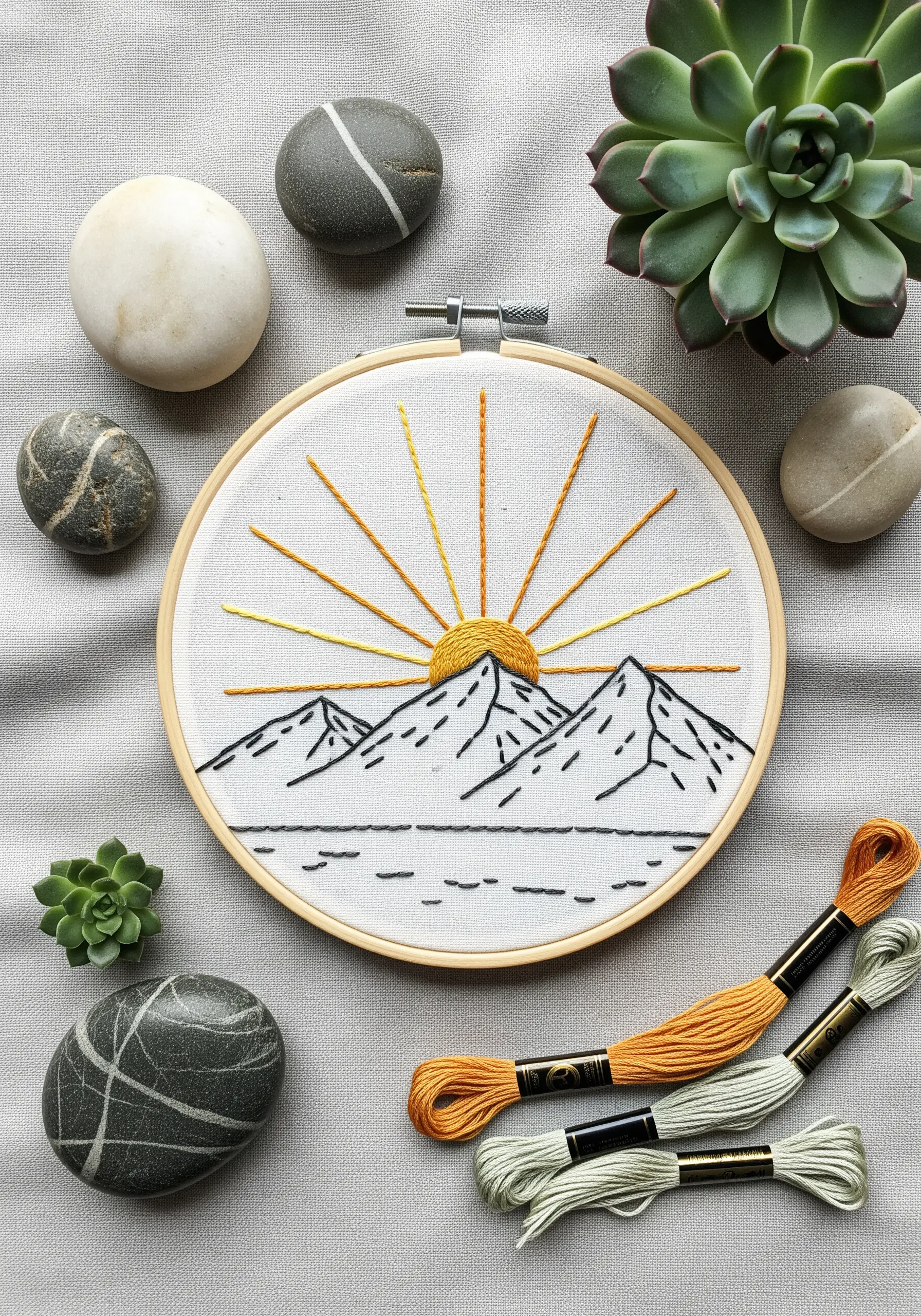 Minimalist mountain landscape embroidery with a satin stitch sun and radiating straight stitch rays.