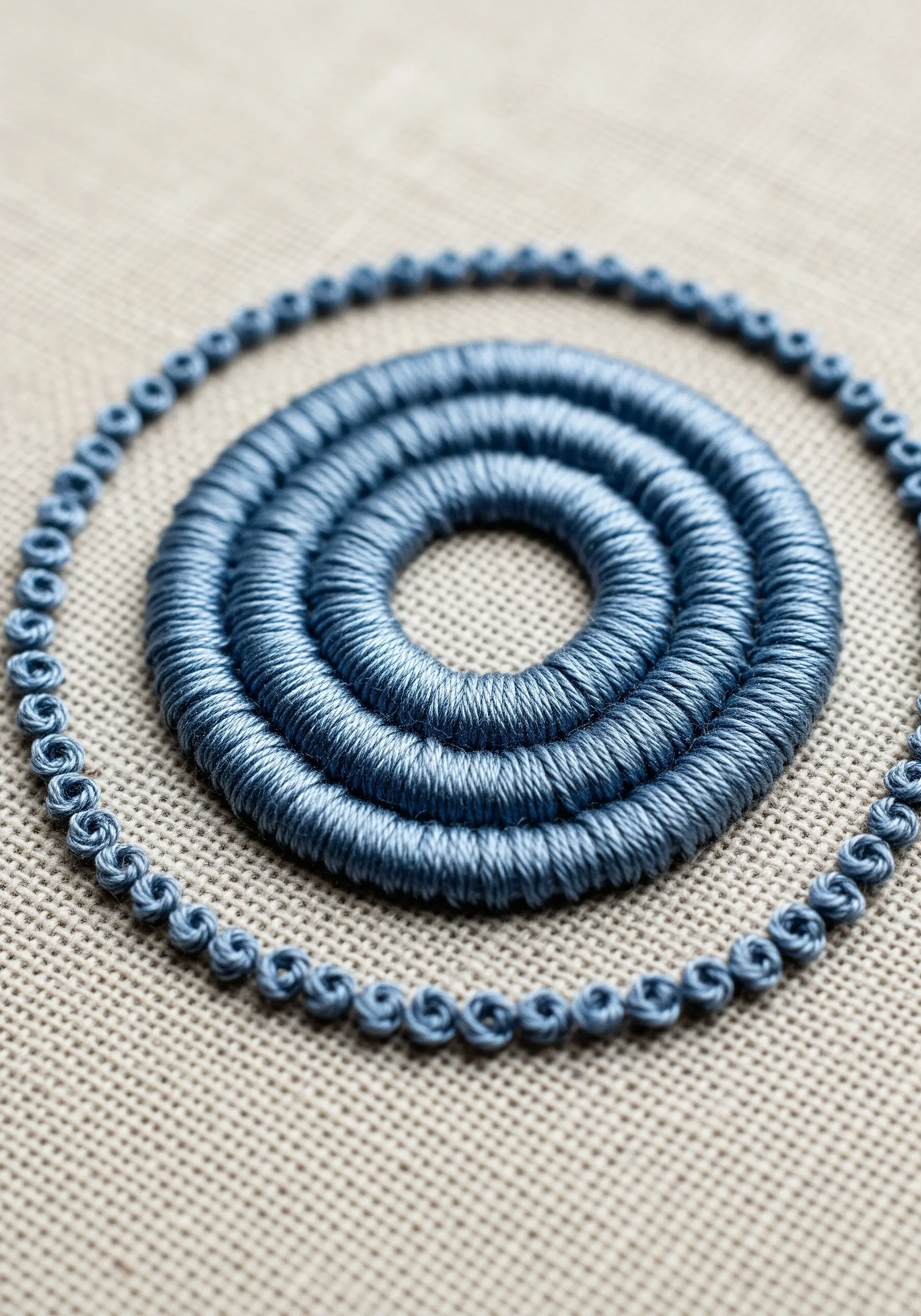 A blue mandala with a dimensional padded satin stitch center and a knot stitch border.