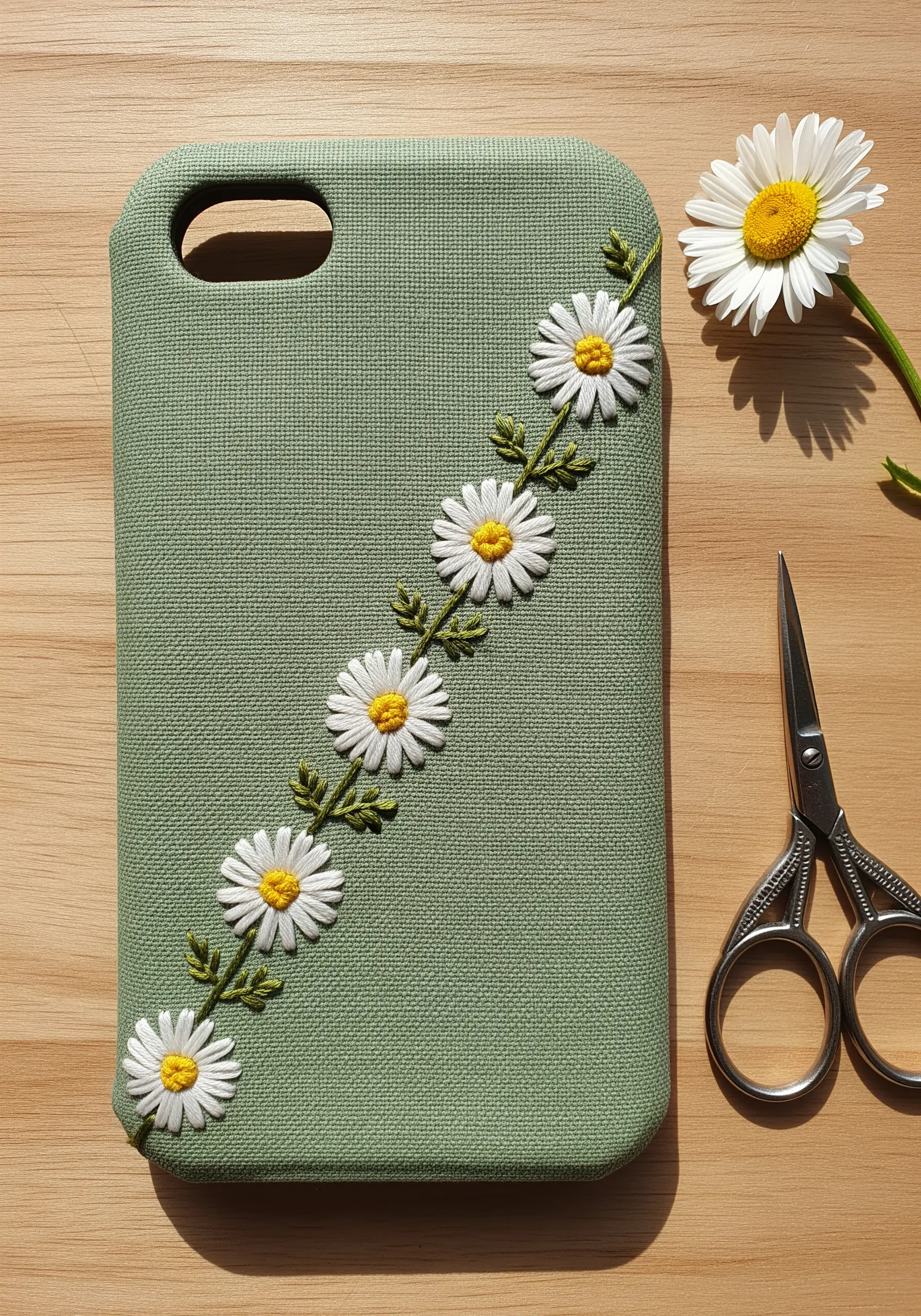 Diagonal daisy chain with raised white petals on a sage green phone case.