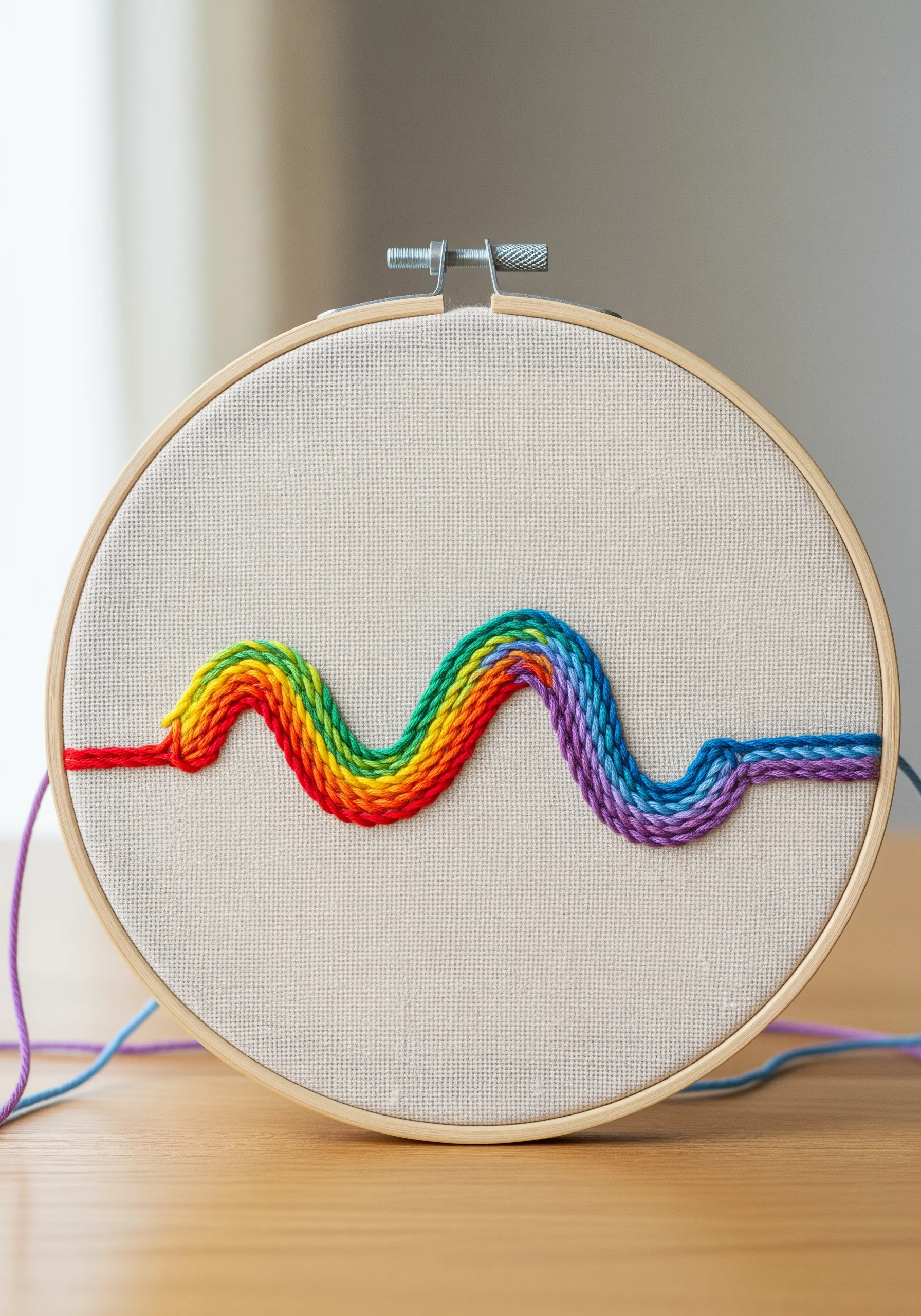 A rainbow-colored wavy line made with a raised, cord-like embroidery stitch on canvas.