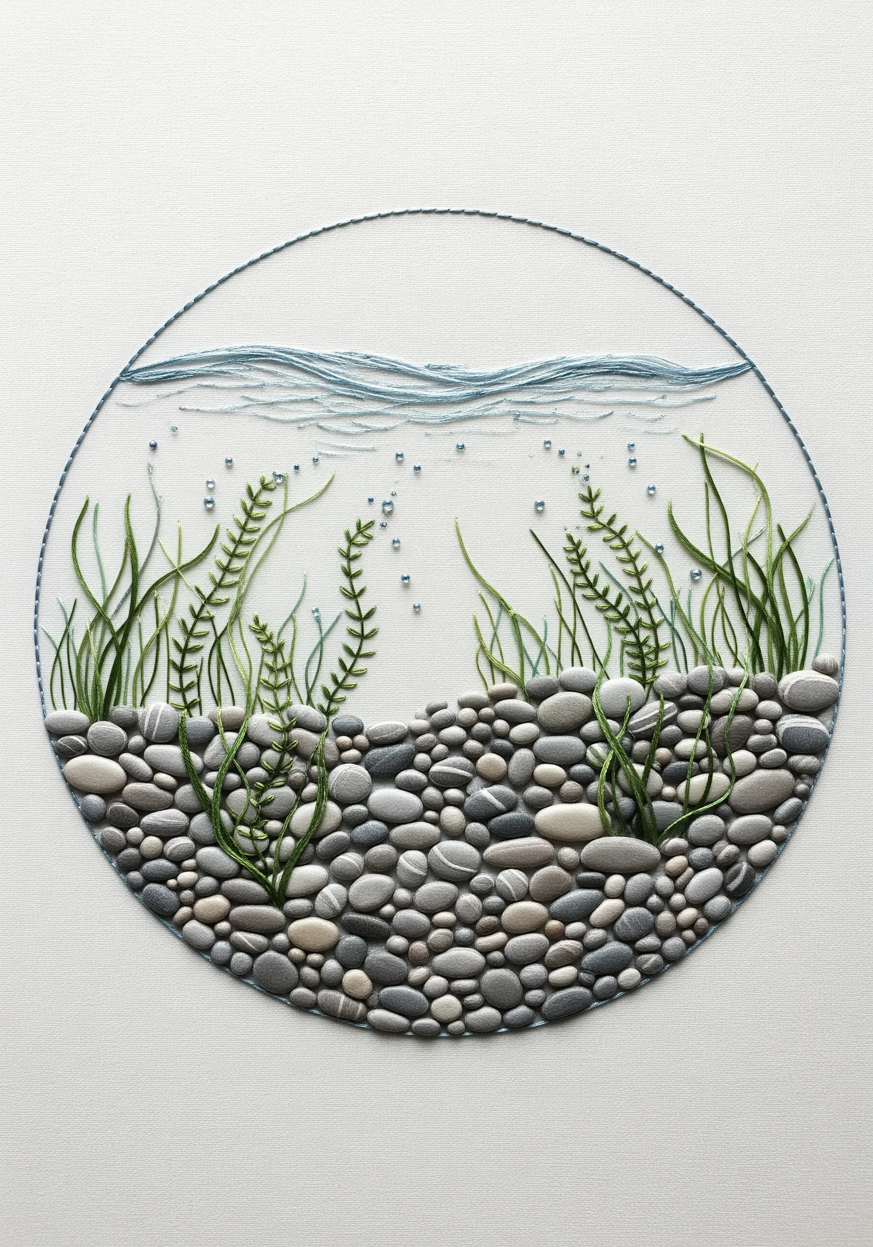 Embroidery of a realistic riverbed with satin-stitched pebbles and delicate seaweed