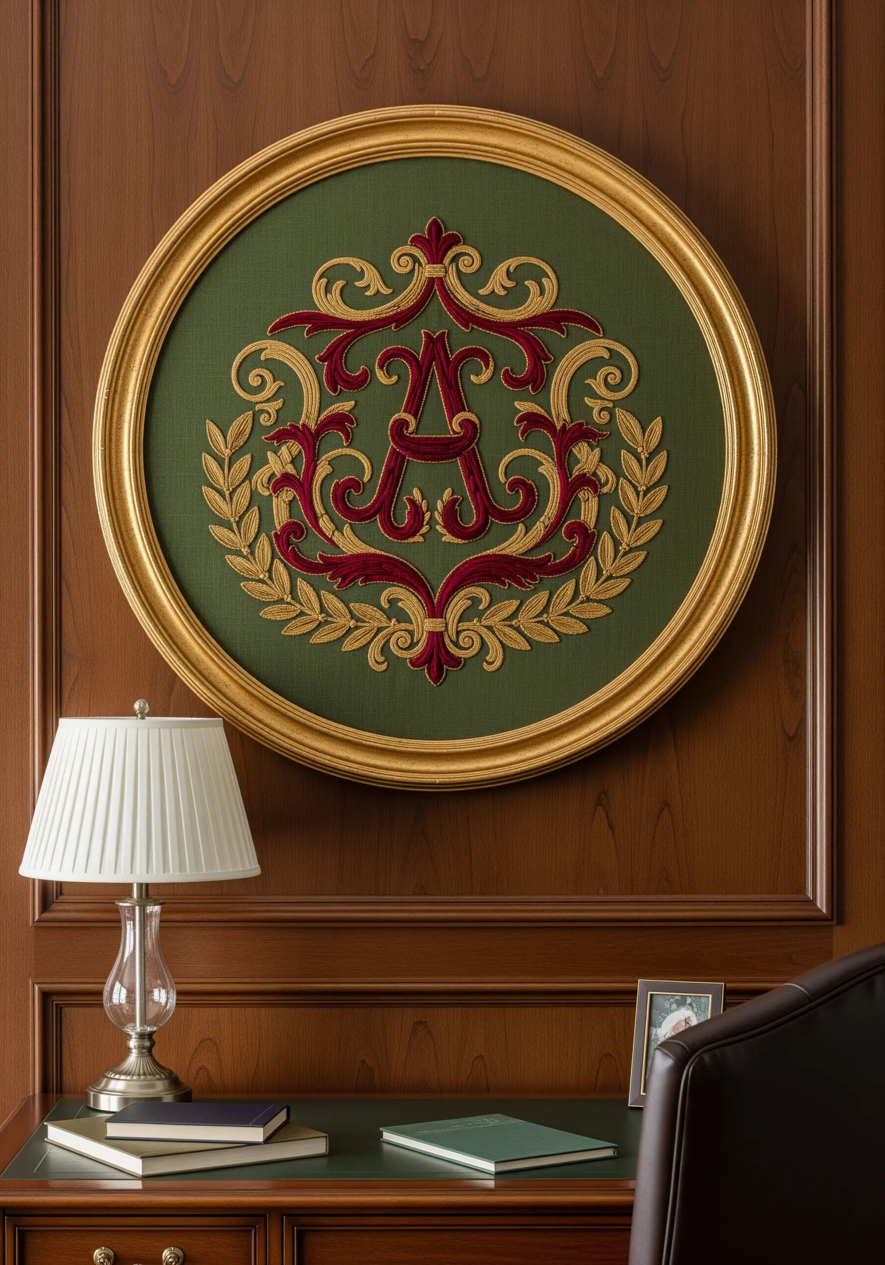 A formal monogram embroidered in red, gold, and green inside a heavy gold circular frame.