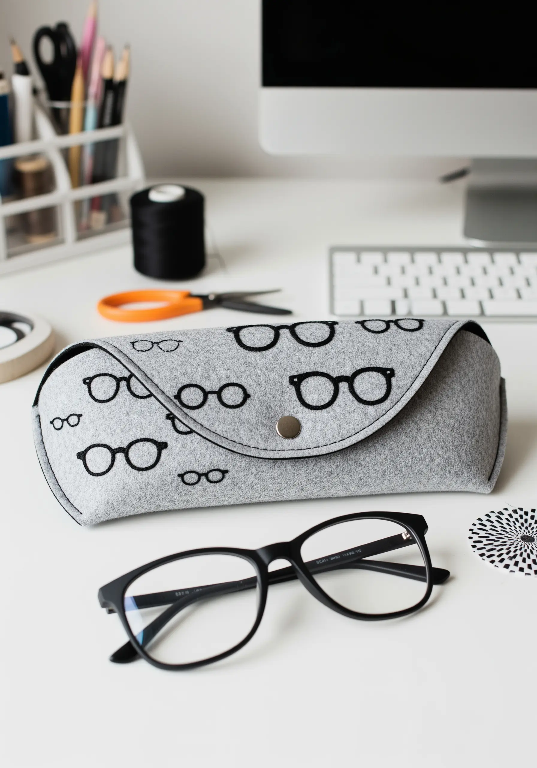 A grey felt eyeglasses case decorated with a repeating pattern of black-outlined glasses.