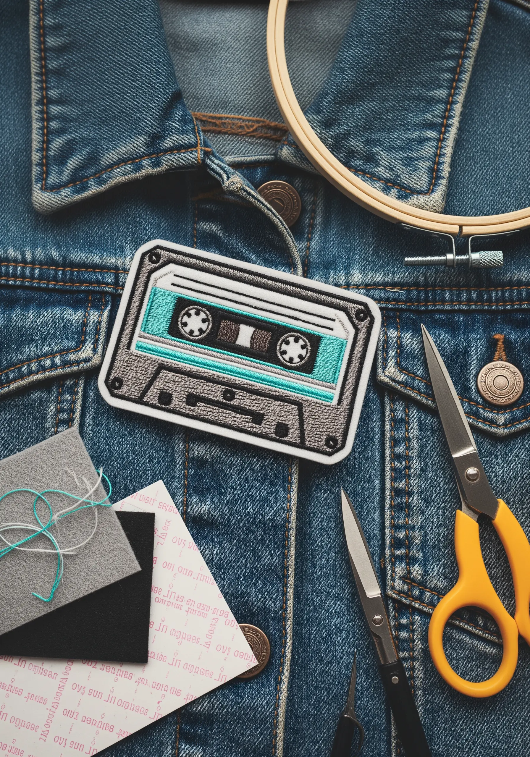 A detailed, embroidered patch of a retro cassette tape resting on a denim jacket.