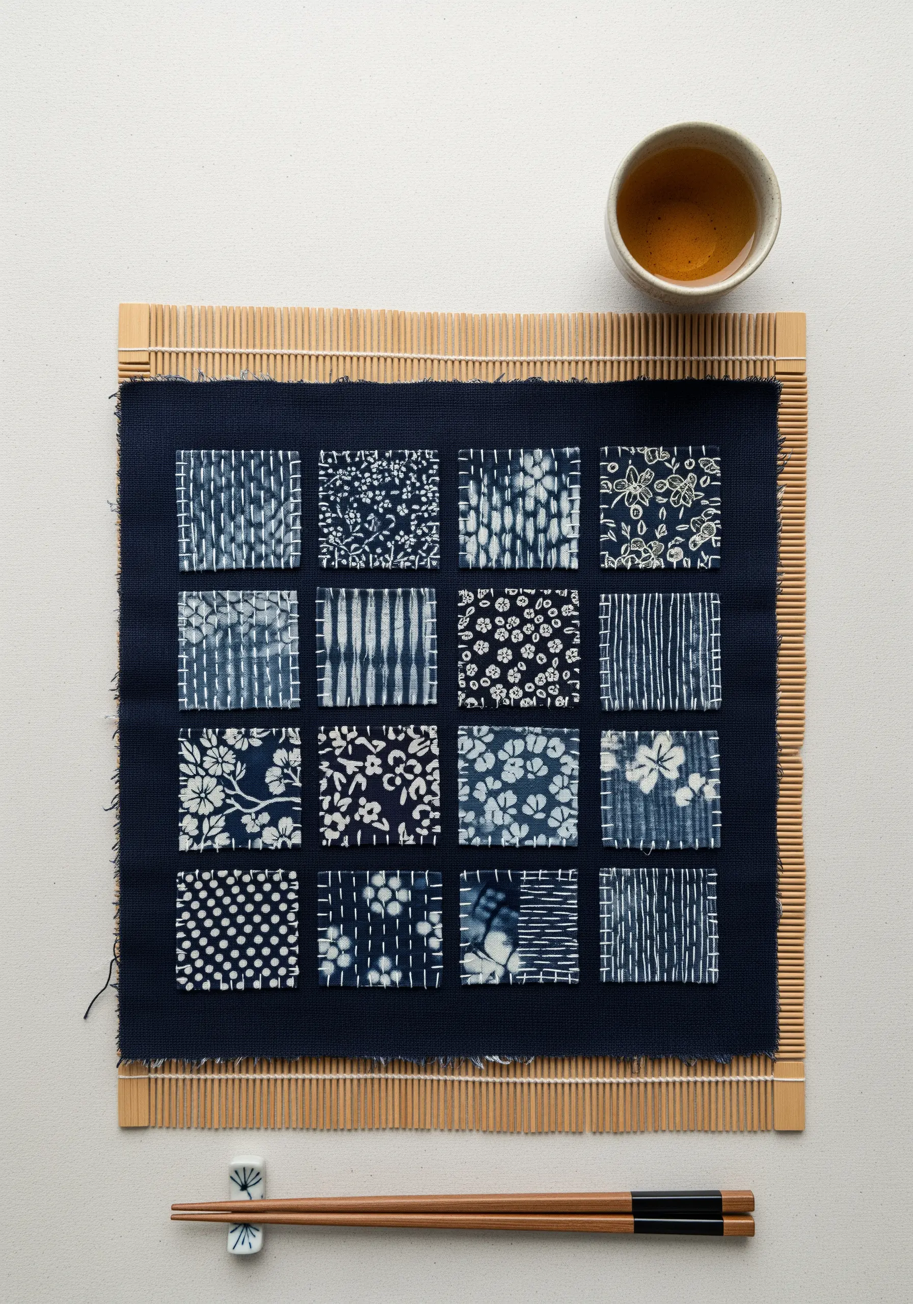 A sampler of sixteen different Japanese indigo fabric squares stitched onto a navy background.