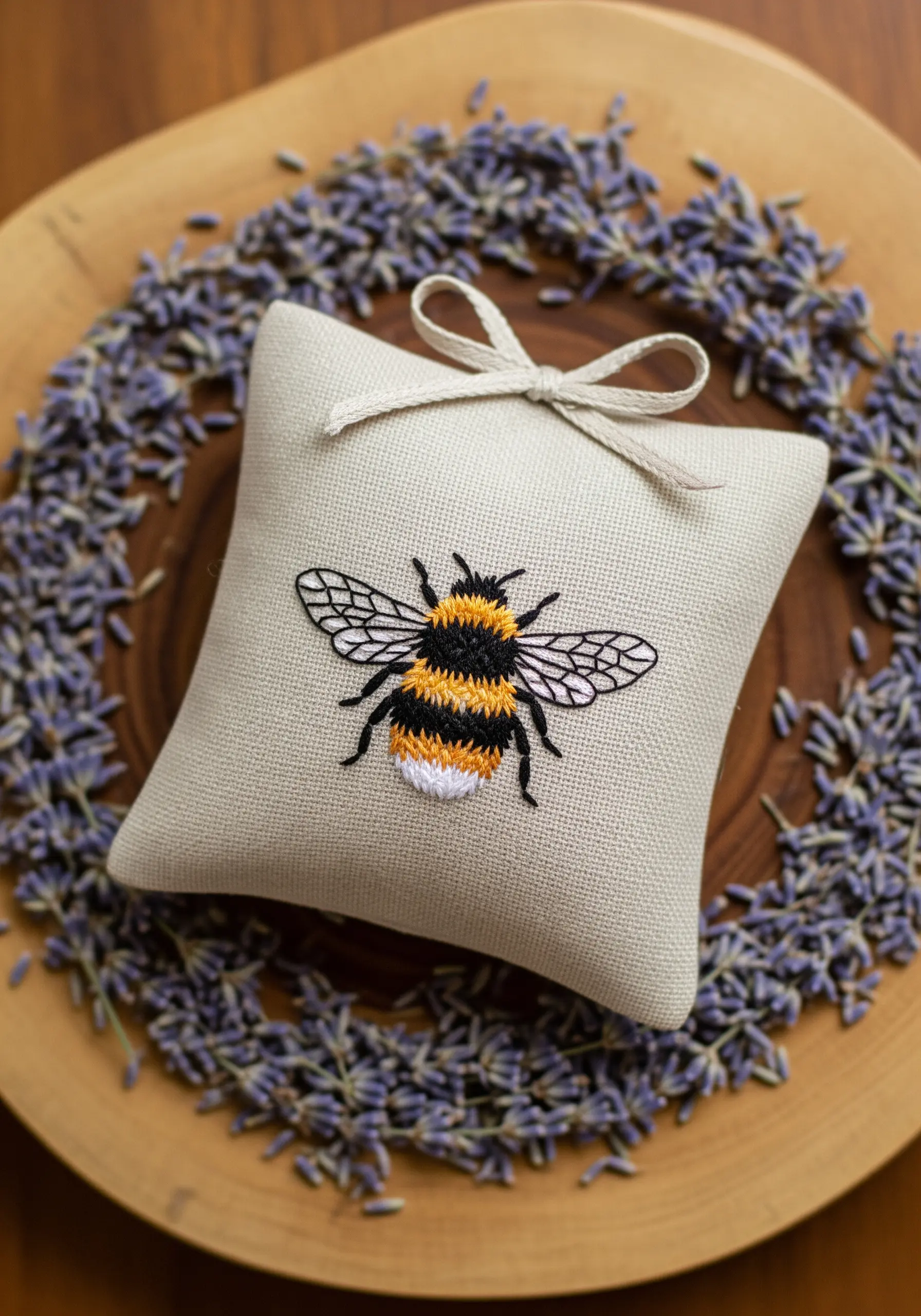 A small linen sachet embroidered with a bumblebee, filled with lavender.