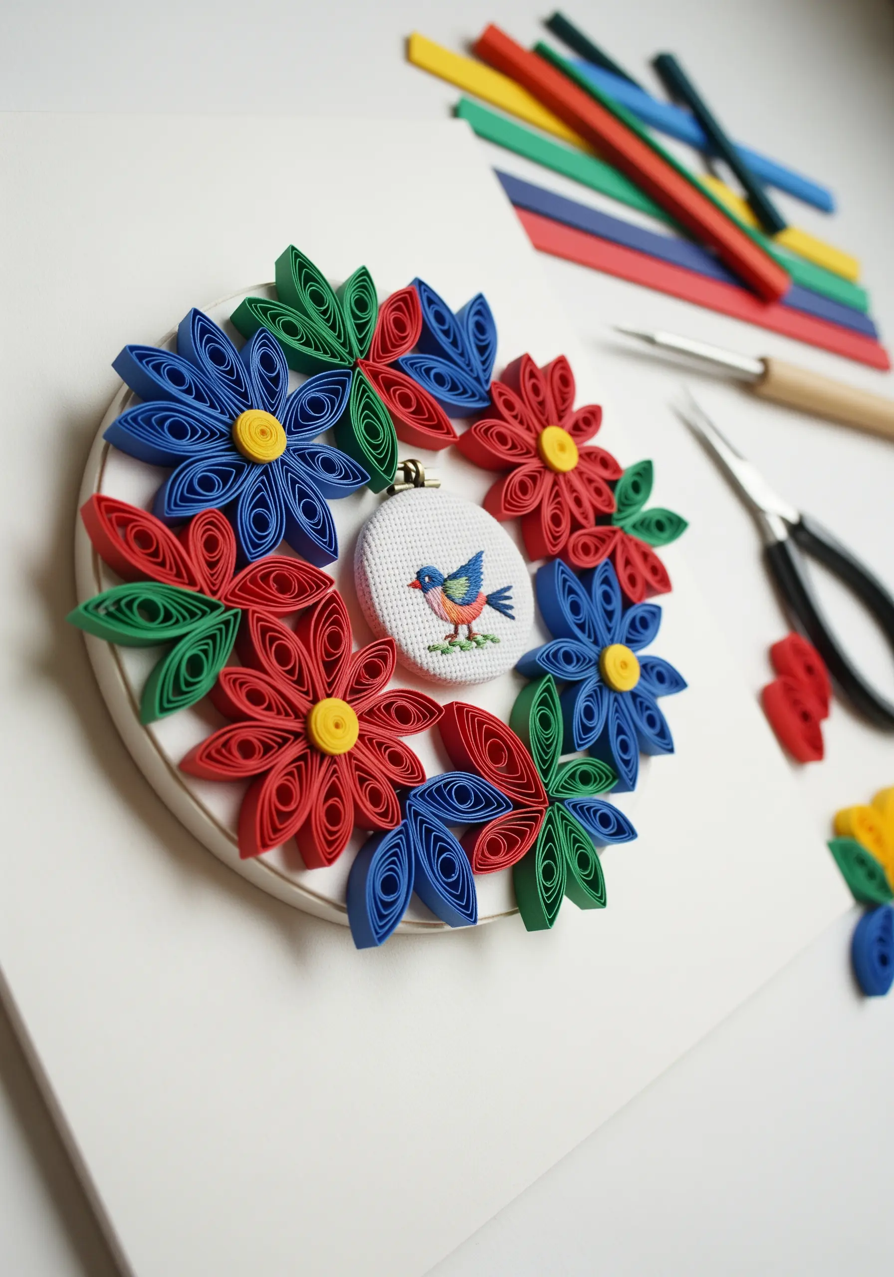 A mini embroidery of a bird framed by a wreath of colorful paper quilled flowers.