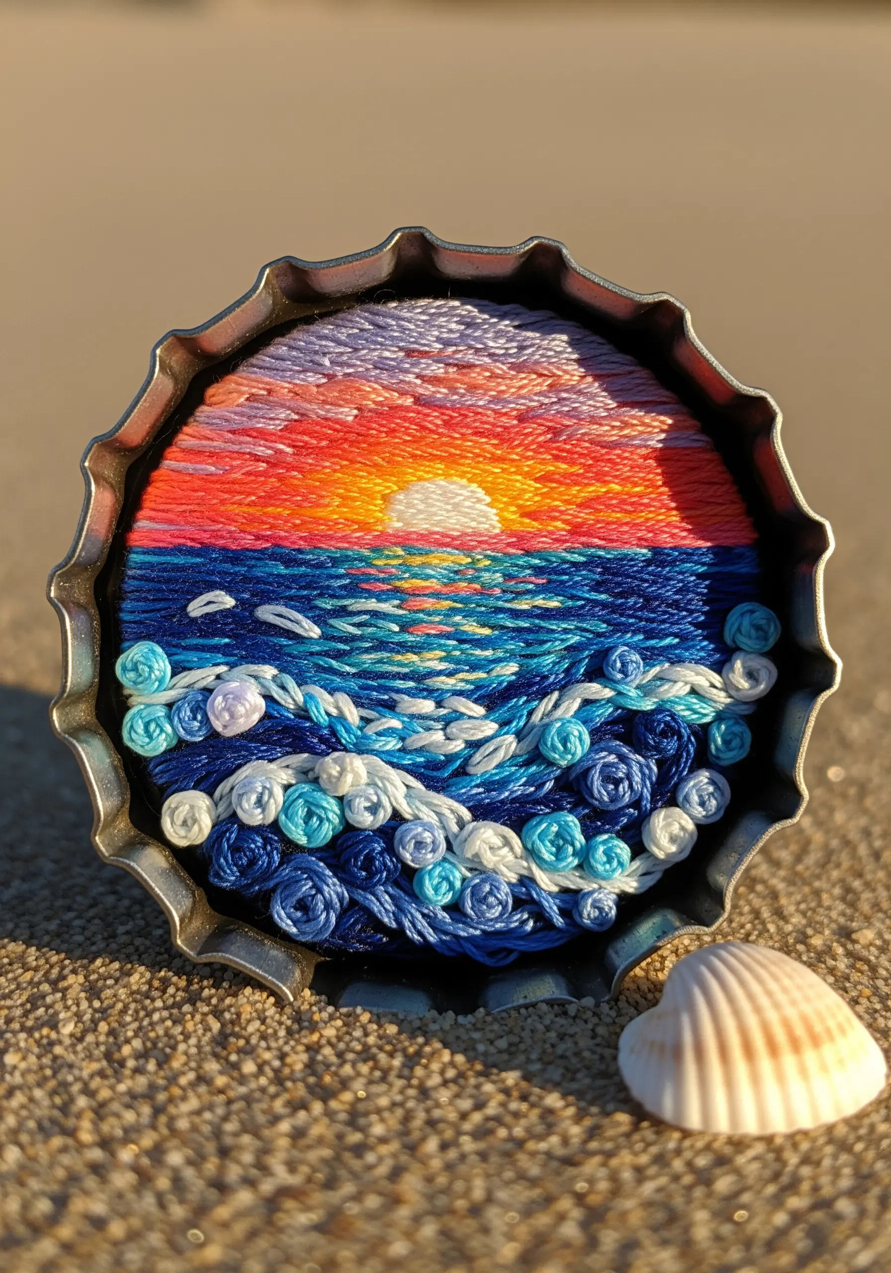 A miniature embroidered sunset seascape stitched inside a metal bottle cap, resting on sand.