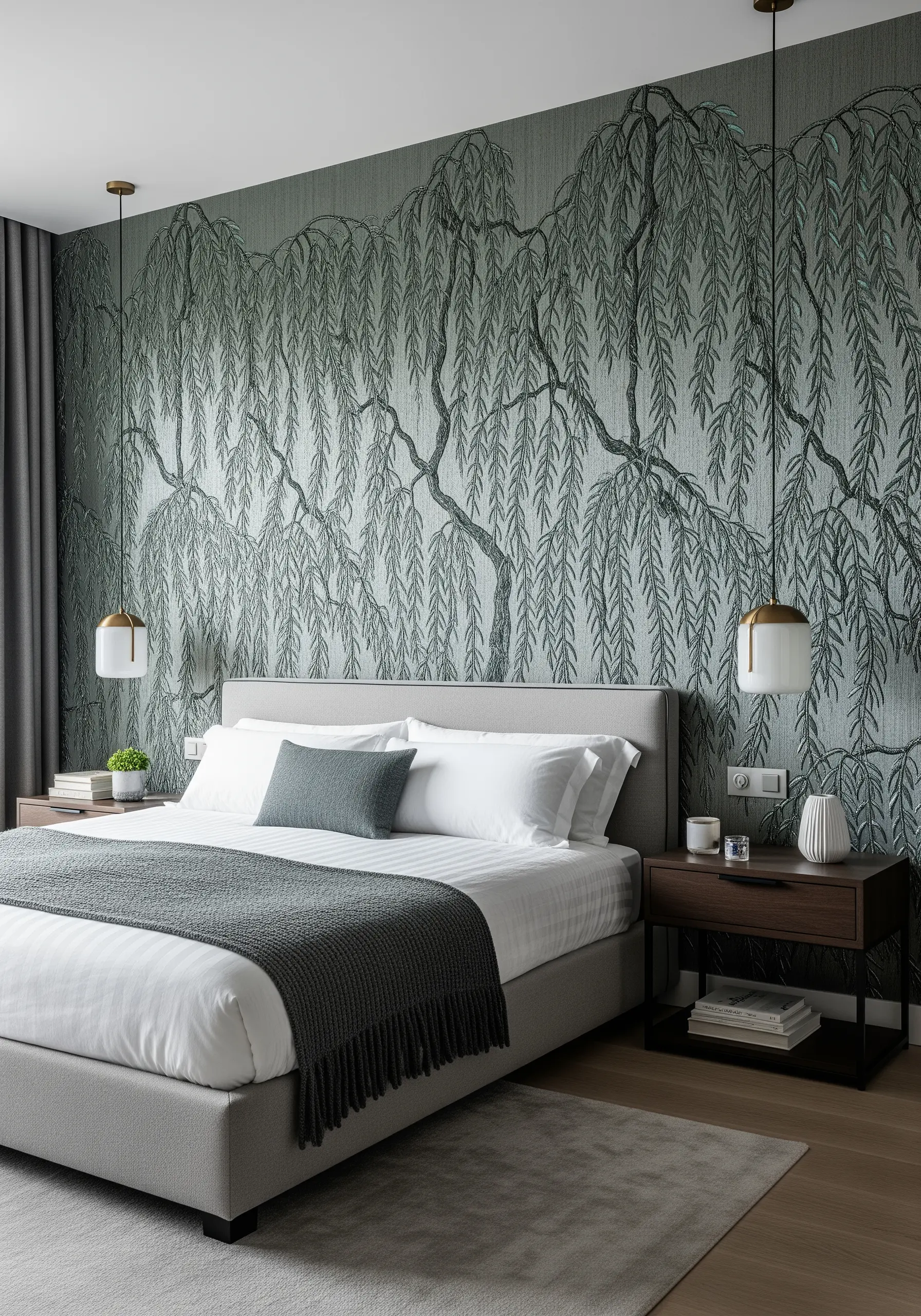 A bedroom wall covered in a textile mural embroidered to look like weeping willow branches.