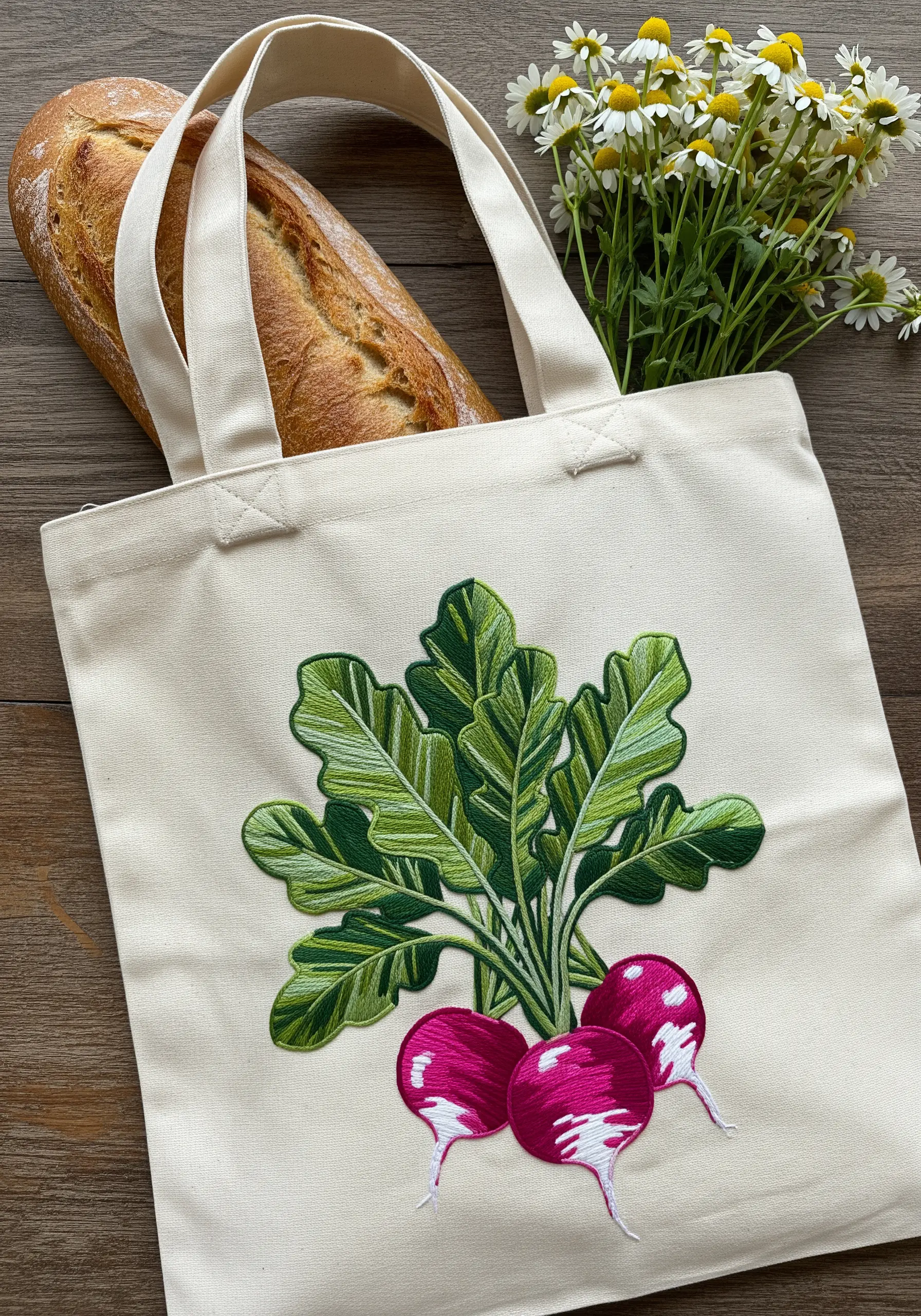 Embroidery of a bunch of radishes with lush green leaves on a canvas tote bag.