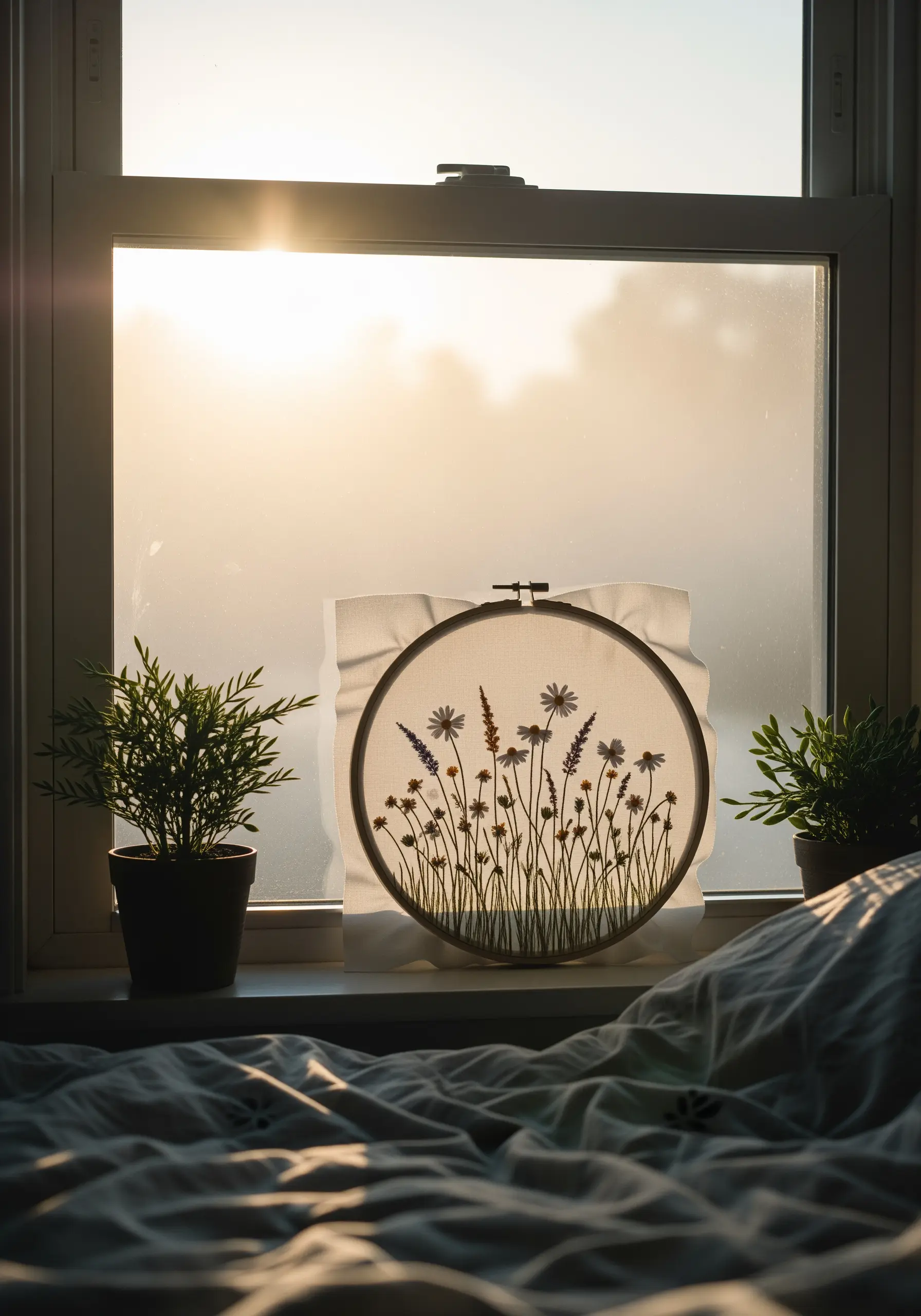 Wildflower silhouette embroidery on sheer fabric, backlit by a hazy morning sun.