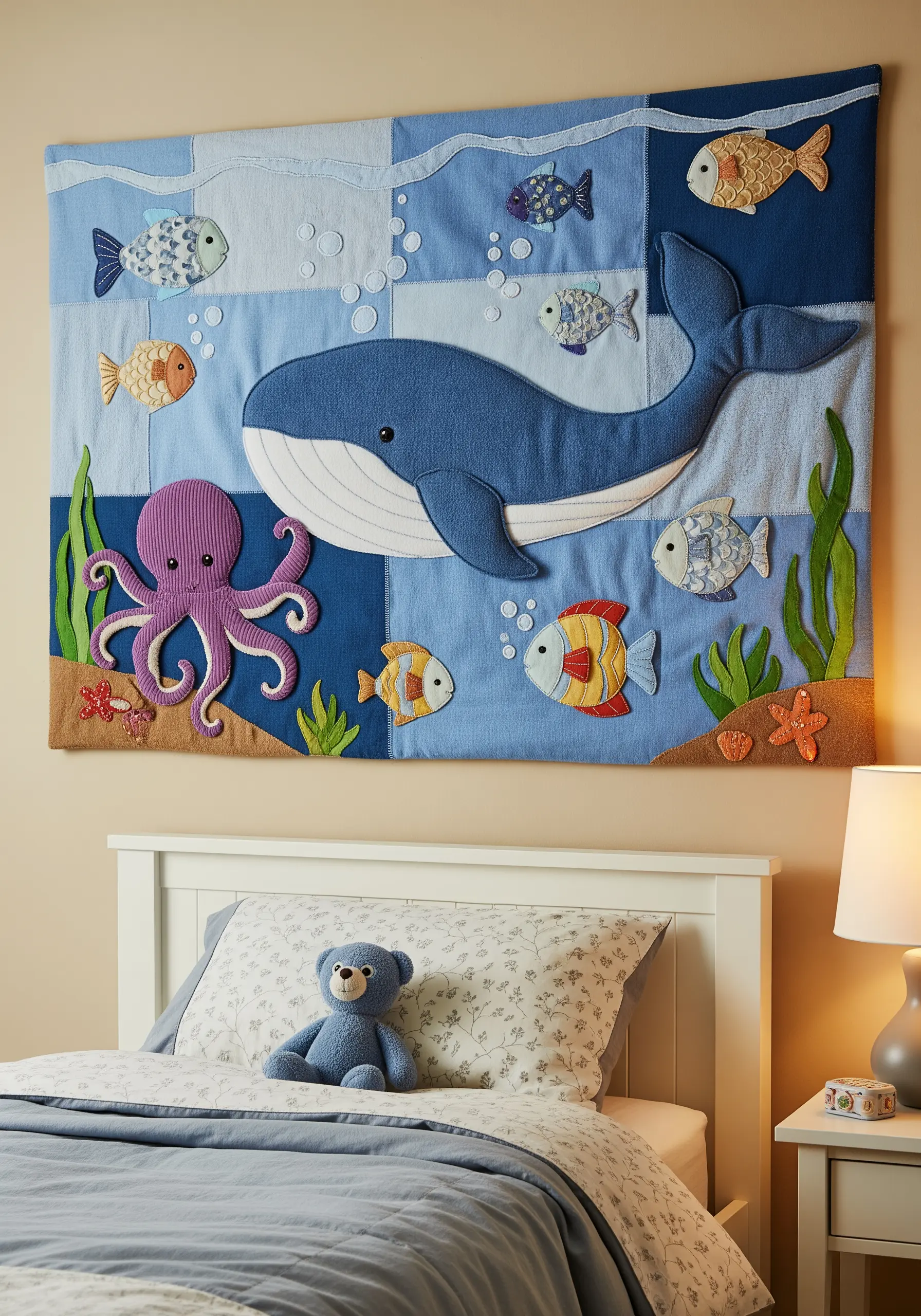 A nursery wall hanging with a padded appliqué whale, octopus, and fish in an ocean scene.