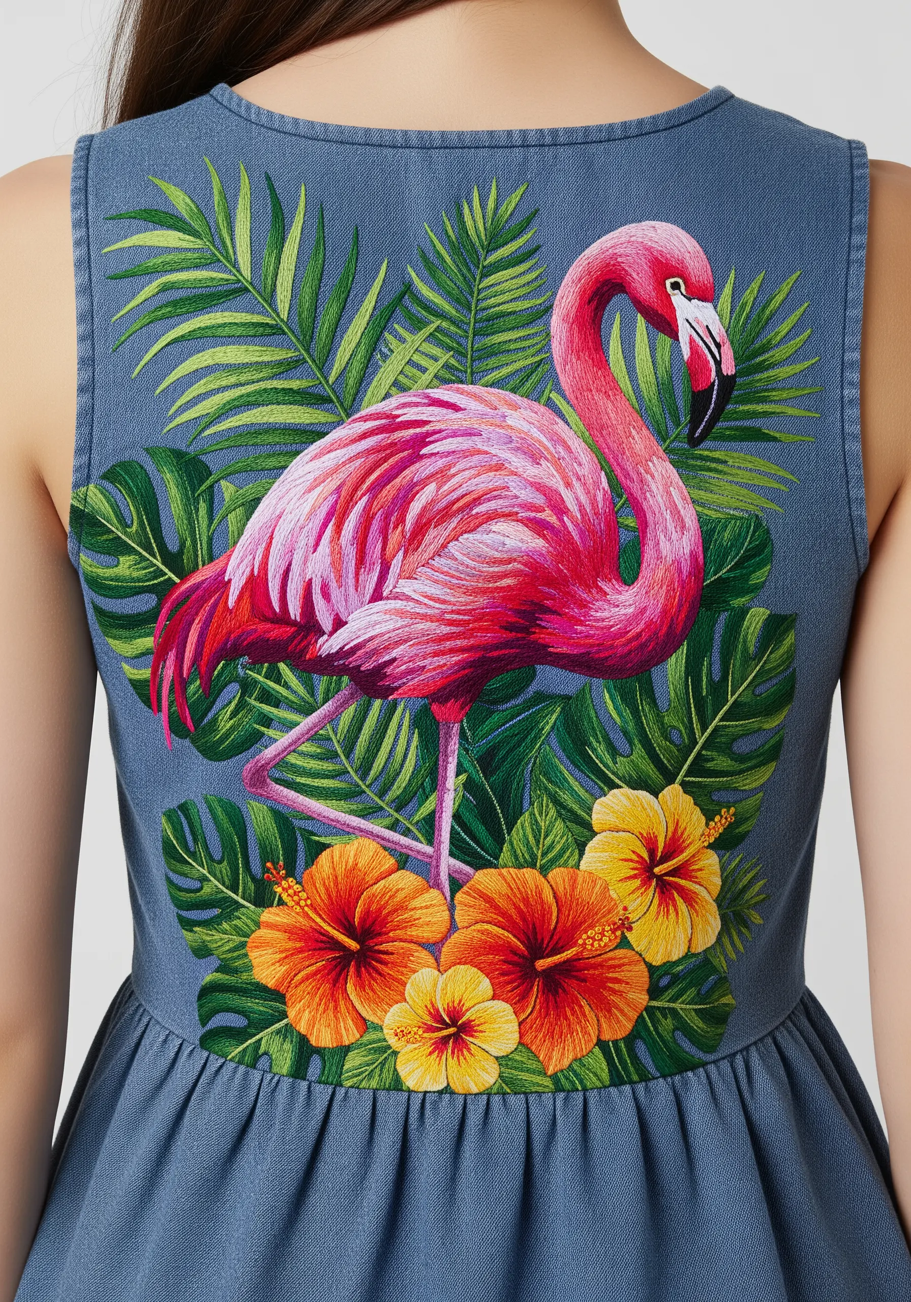 Hyper-realistic flamingo thread-painted on the back of a blue denim dress with tropical leaves.