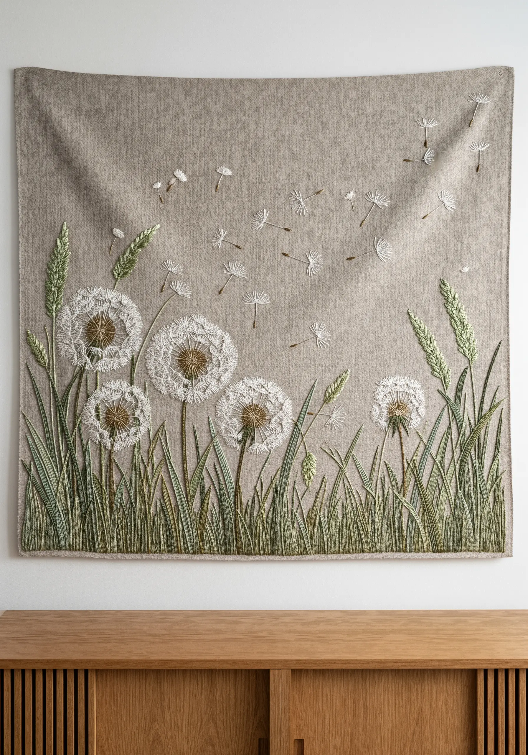 Large-scale embroidered wall hanging with dandelions and wildgrass.