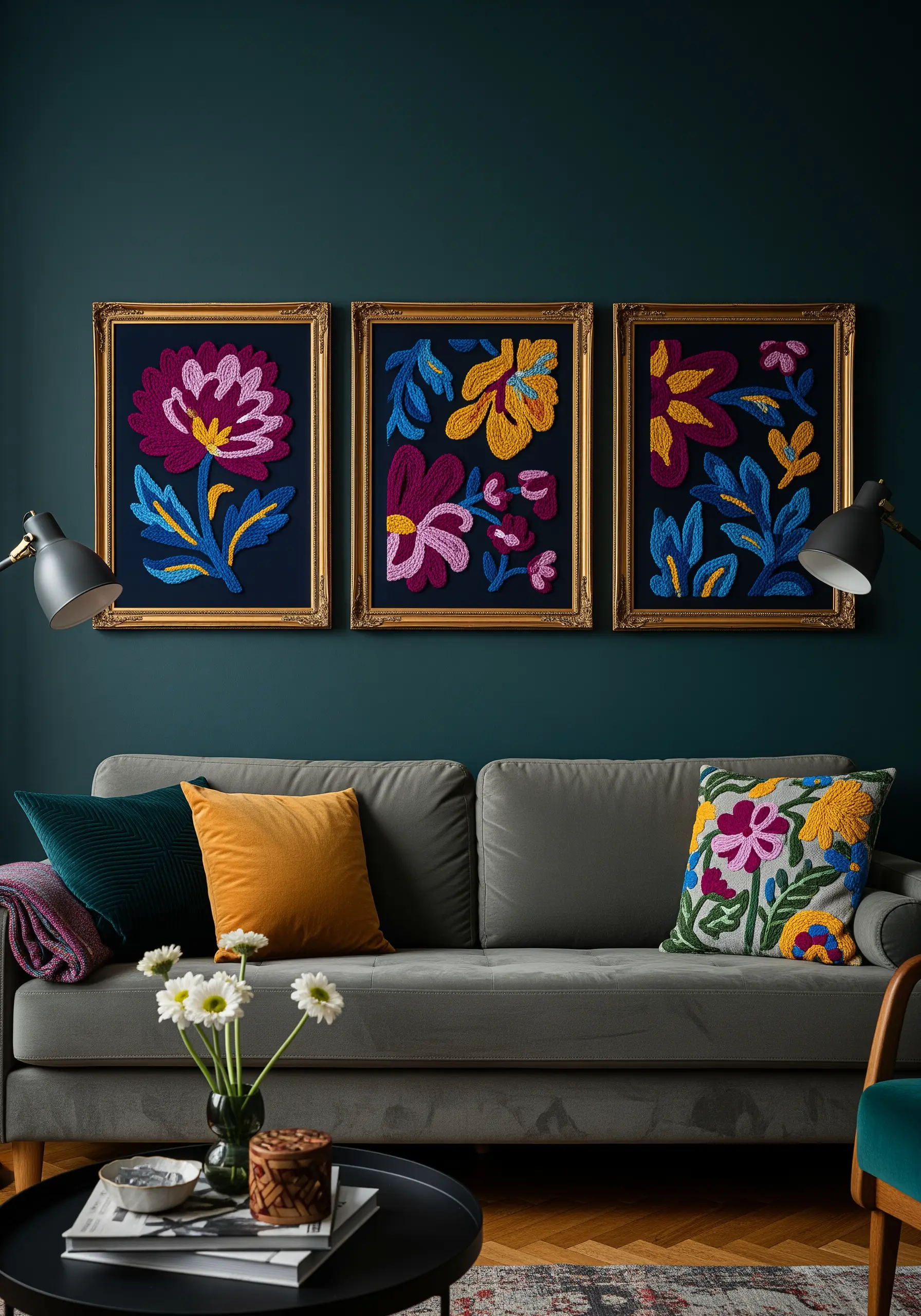 A triptych of three framed floral embroidery pieces with thick, colorful yarn on a dark background.