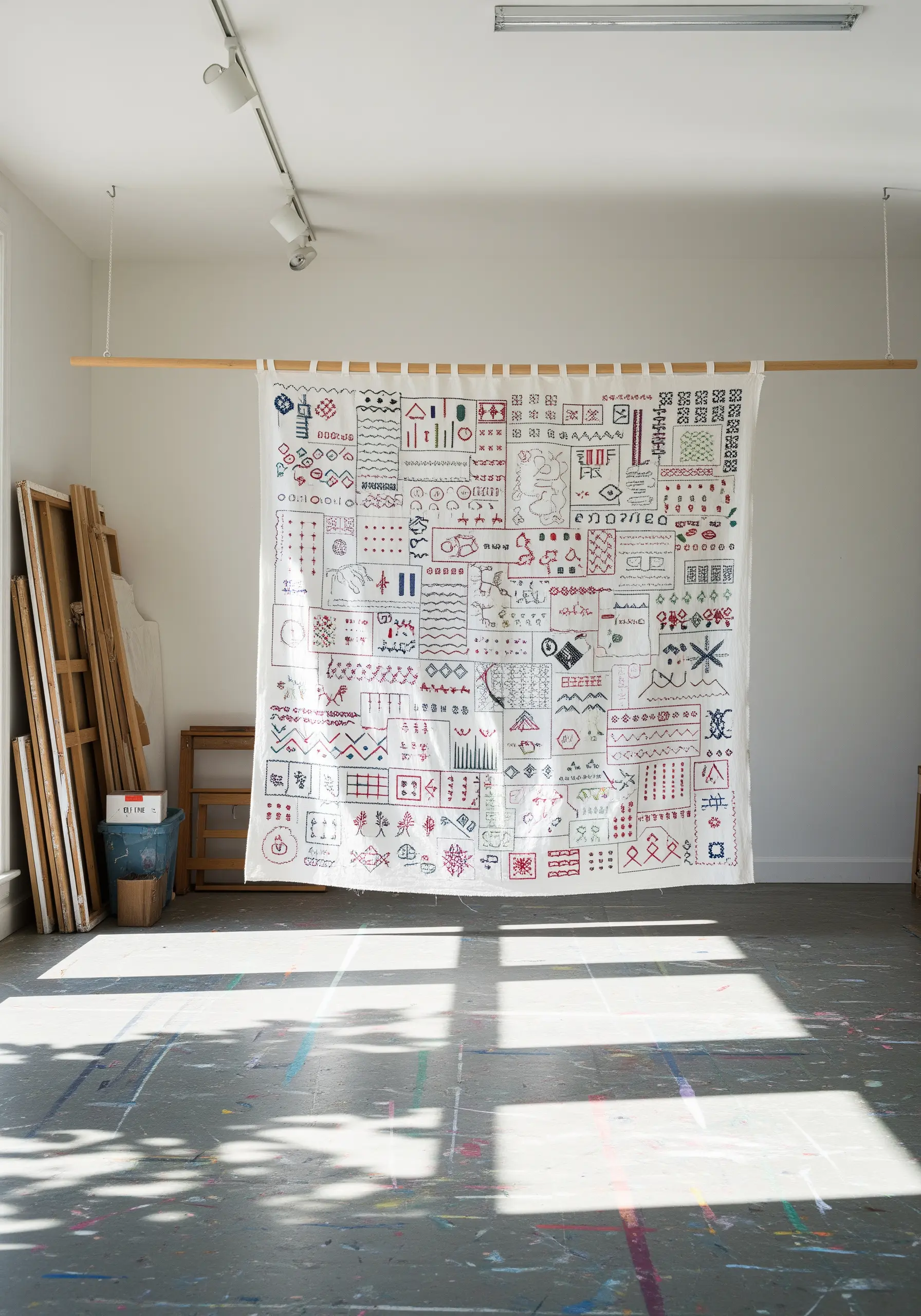A large white fabric panel hanging in a studio, covered in various embroidery stitch samples.
