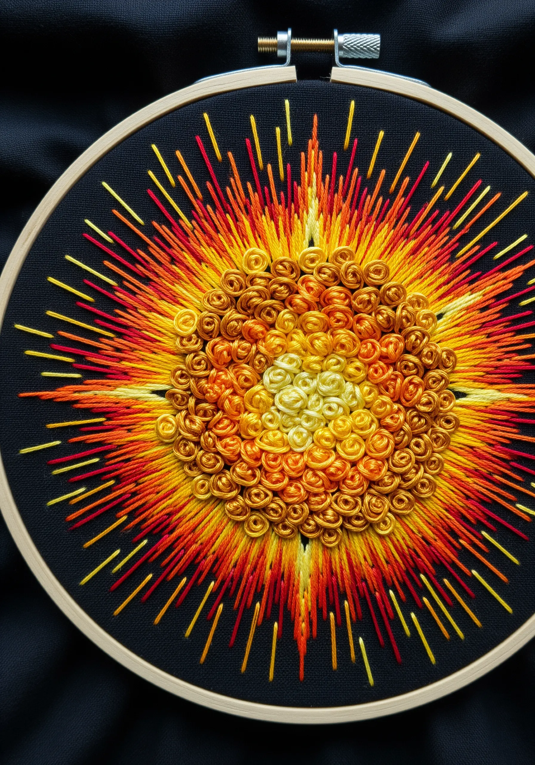 A vibrant sunburst embroidered with a knotted center and long, radiating stitches in fiery colors.