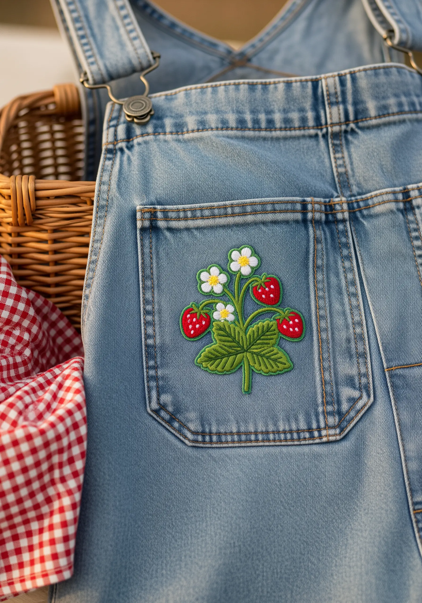A patch of a strawberry plant with red berries and white flowers on the pocket of denim overalls.