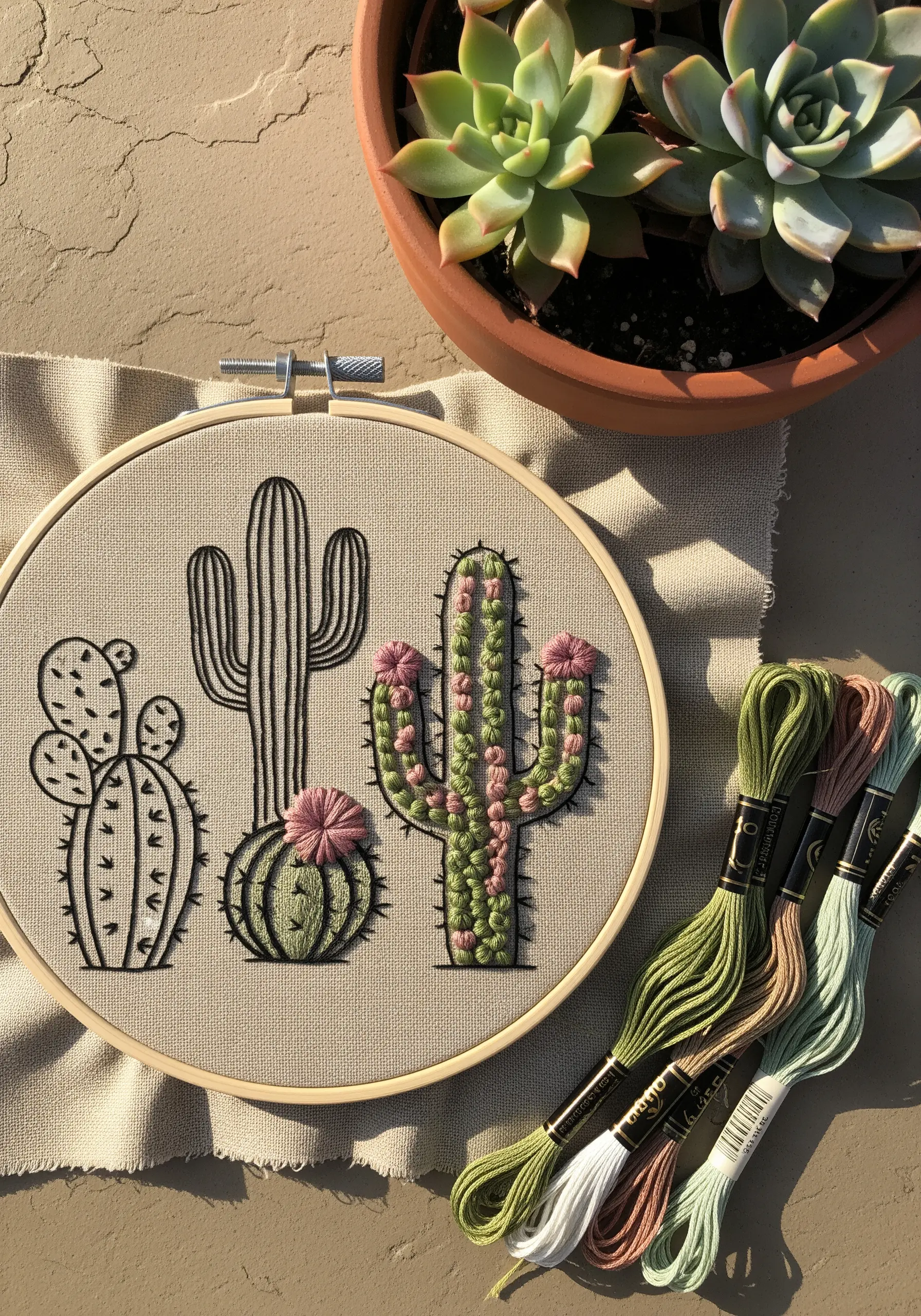An embroidery hoop with several types of cacti, showcasing different stitch textures.