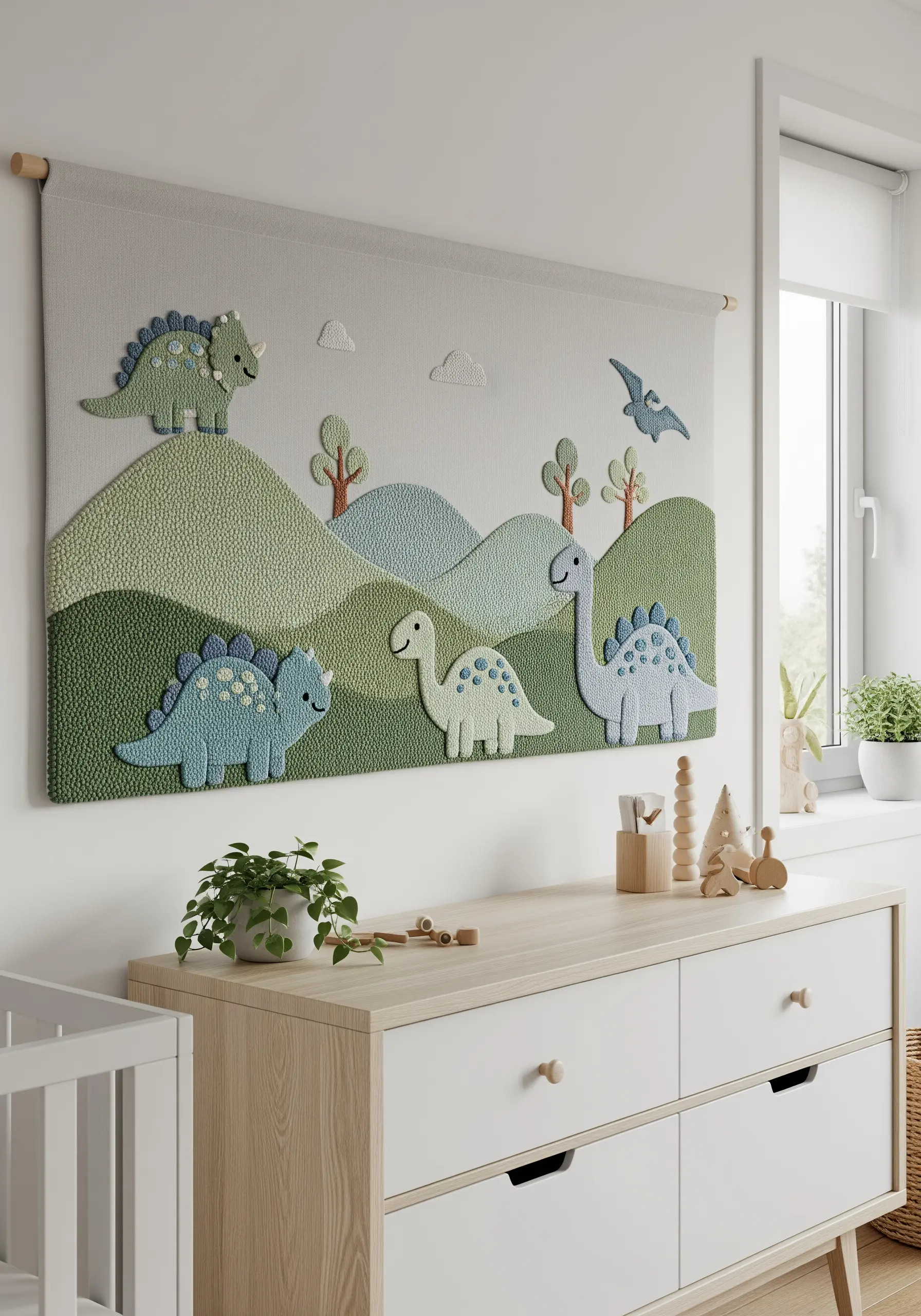A large punch needle wall hanging depicting a gentle dinosaur landscape in soft greens and blues.