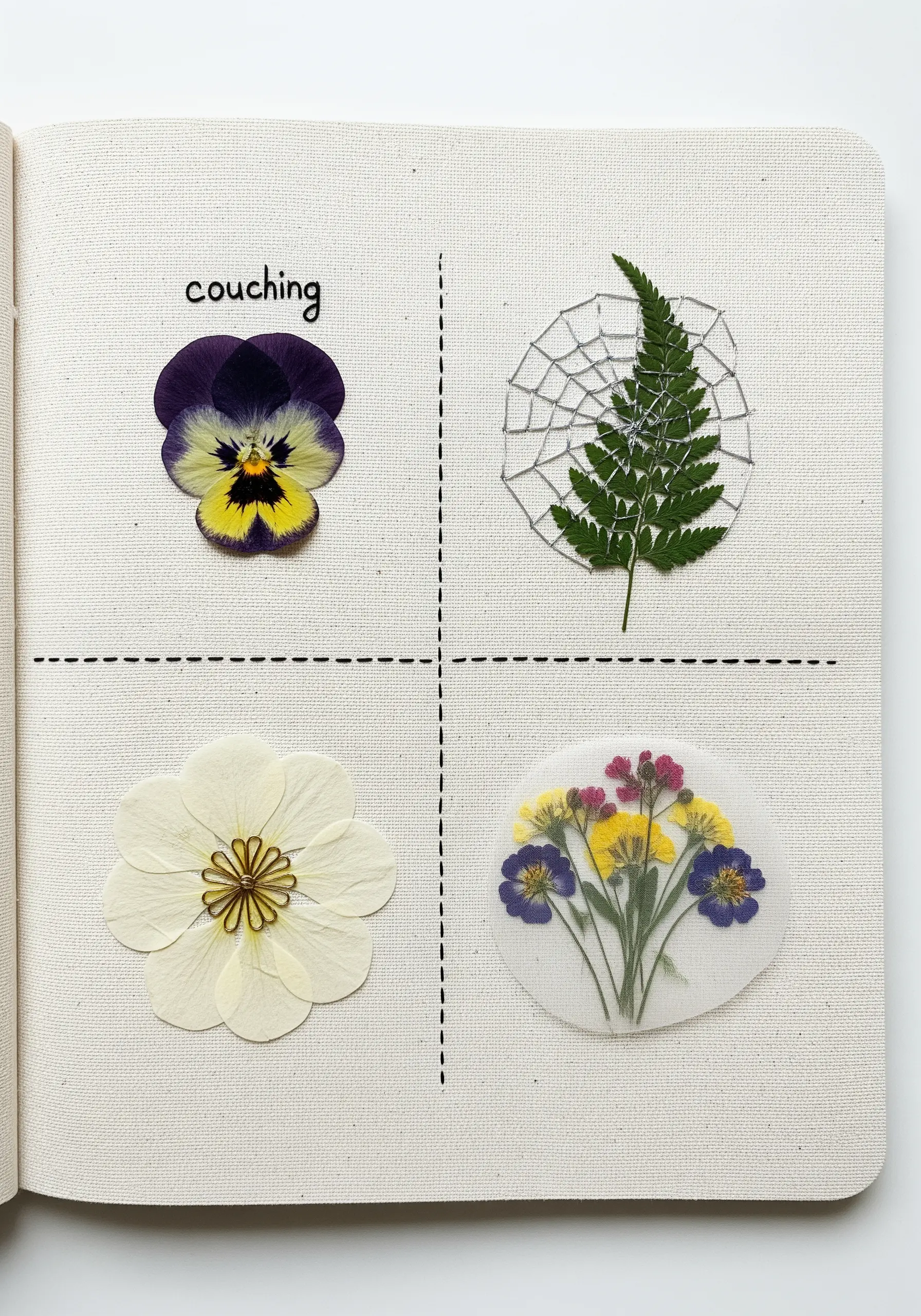 A sampler page showing four different techniques for combining embroidery and pressed flowers.