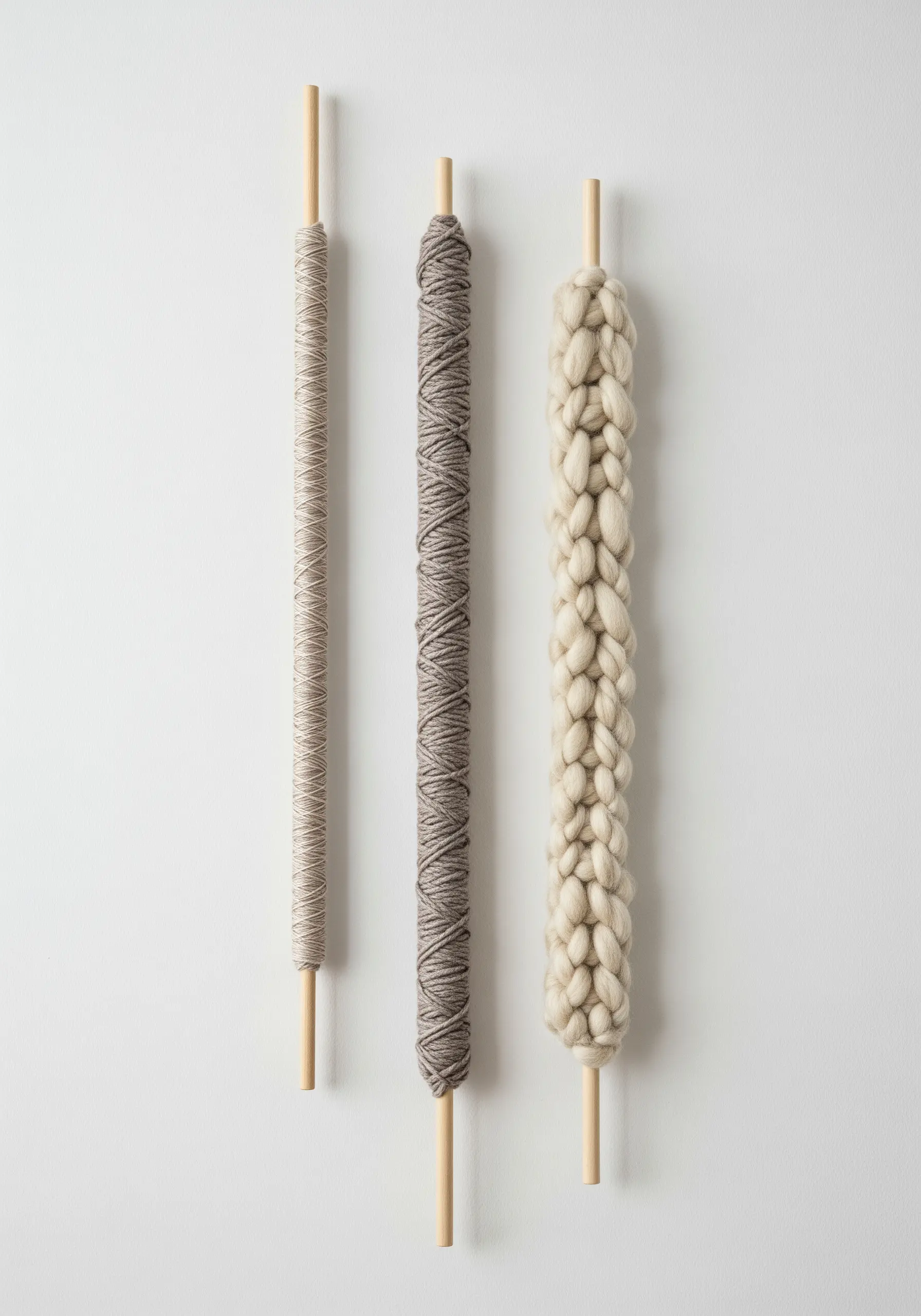 Three vertical wooden dowels, each wrapped in a different style and texture of neutral yarn.