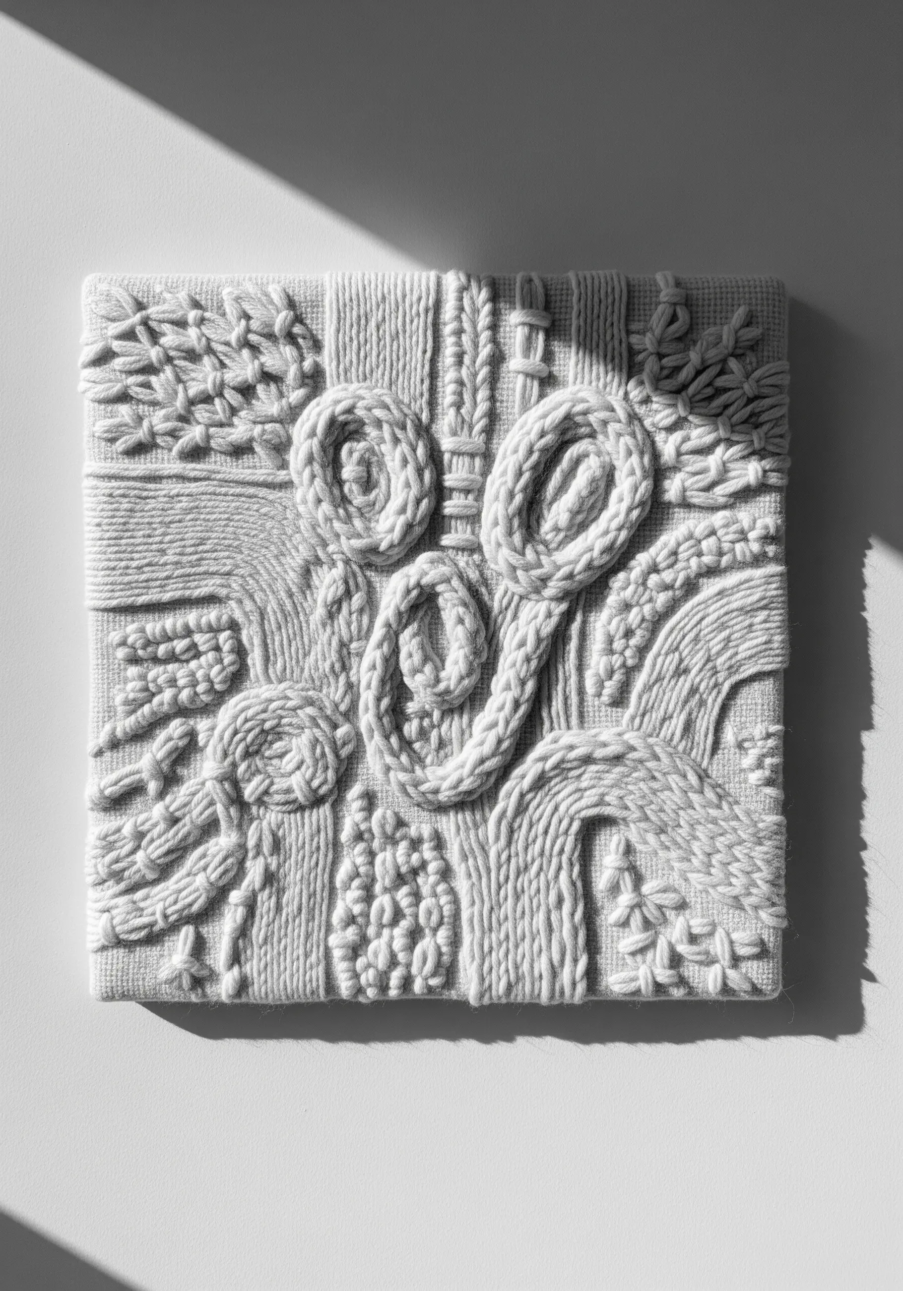 Monochrome white embroidery with highly textural and sculptural stitches creating abstract shapes.