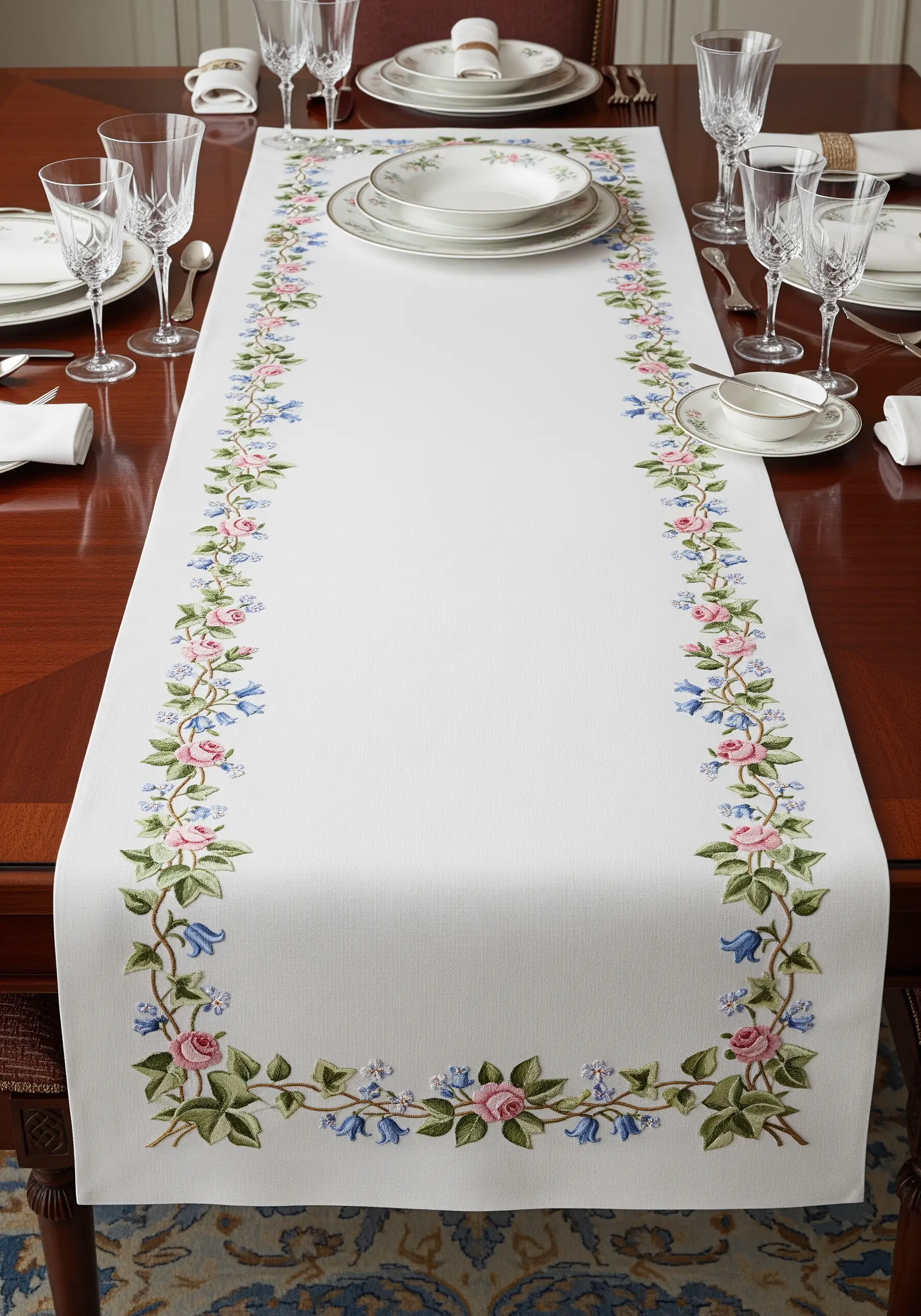 A traditional table runner with a border of pink roses and blue bellflowers.