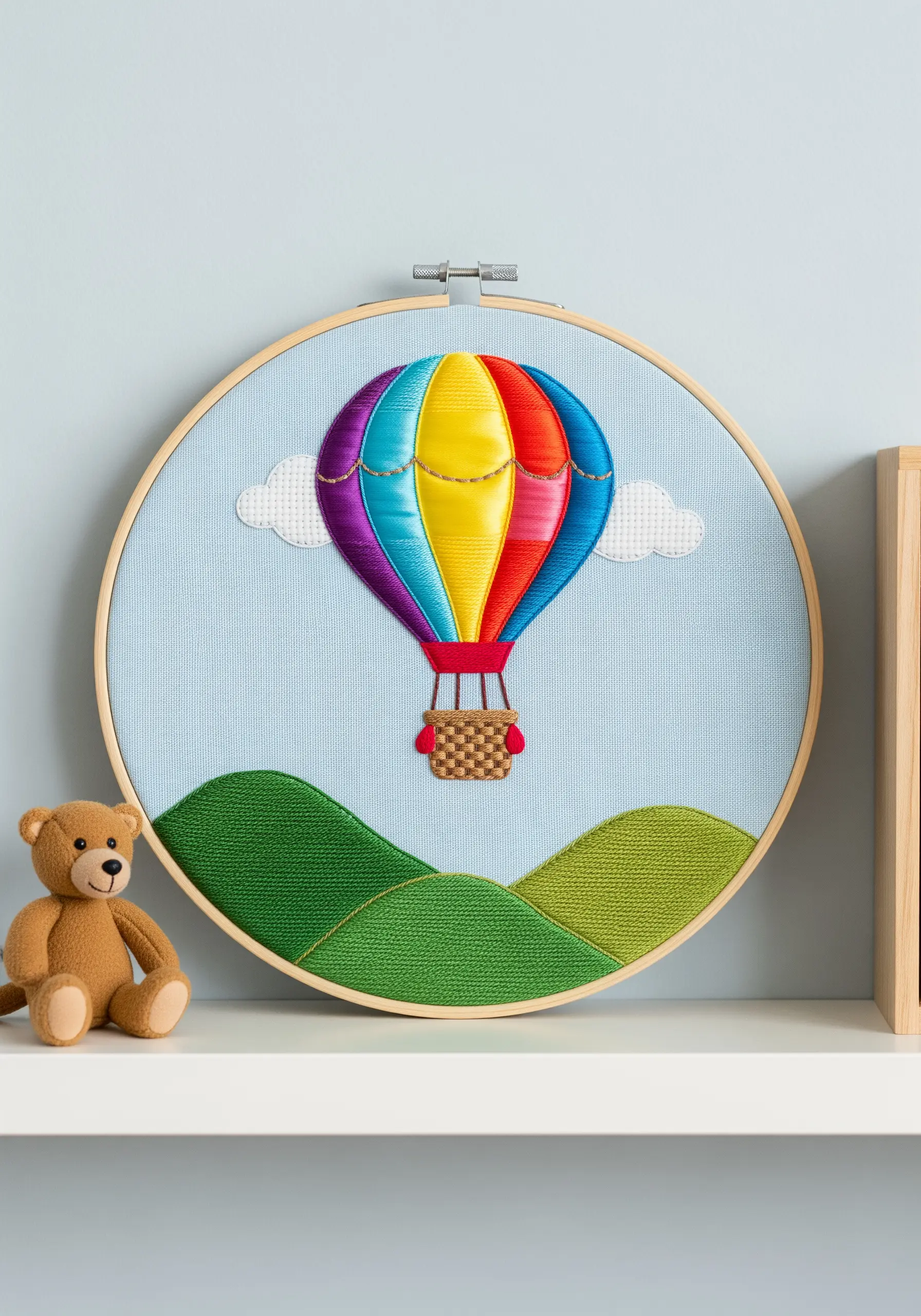 A large embroidery hoop with a colorful hot air balloon stitched in bold satin stitch panels.