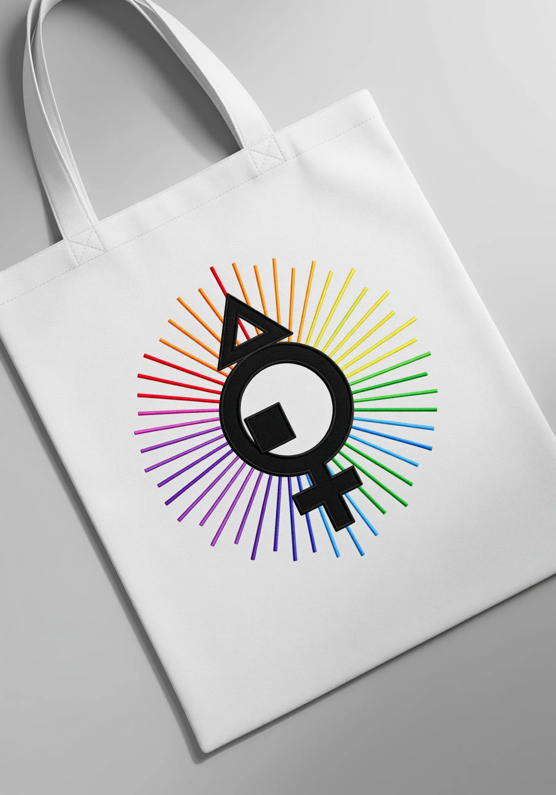 A genderqueer pride symbol in black, centered in a rainbow sunburst on a white tote bag.