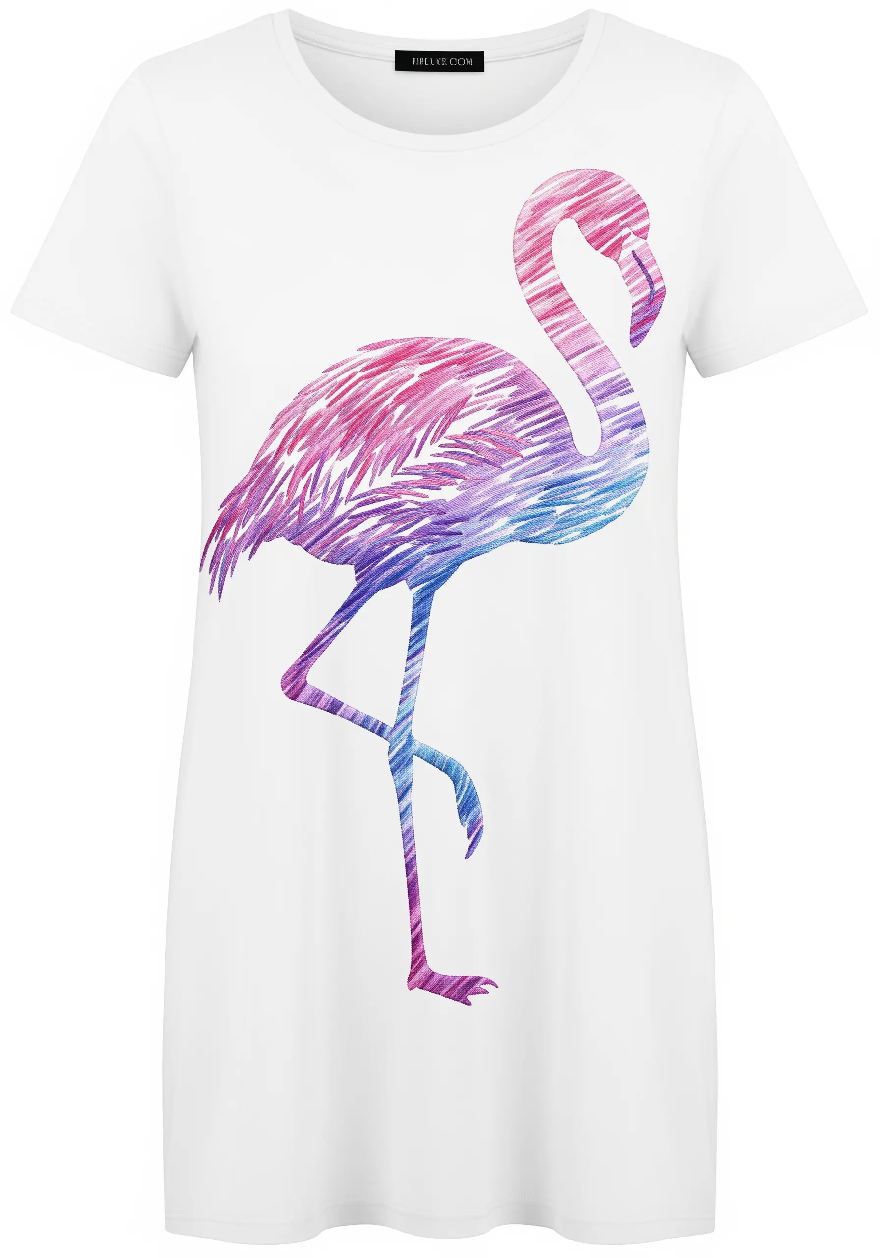 A flamingo silhouette on a white t-shirt, filled with sketchy, gradient-colored stitches.